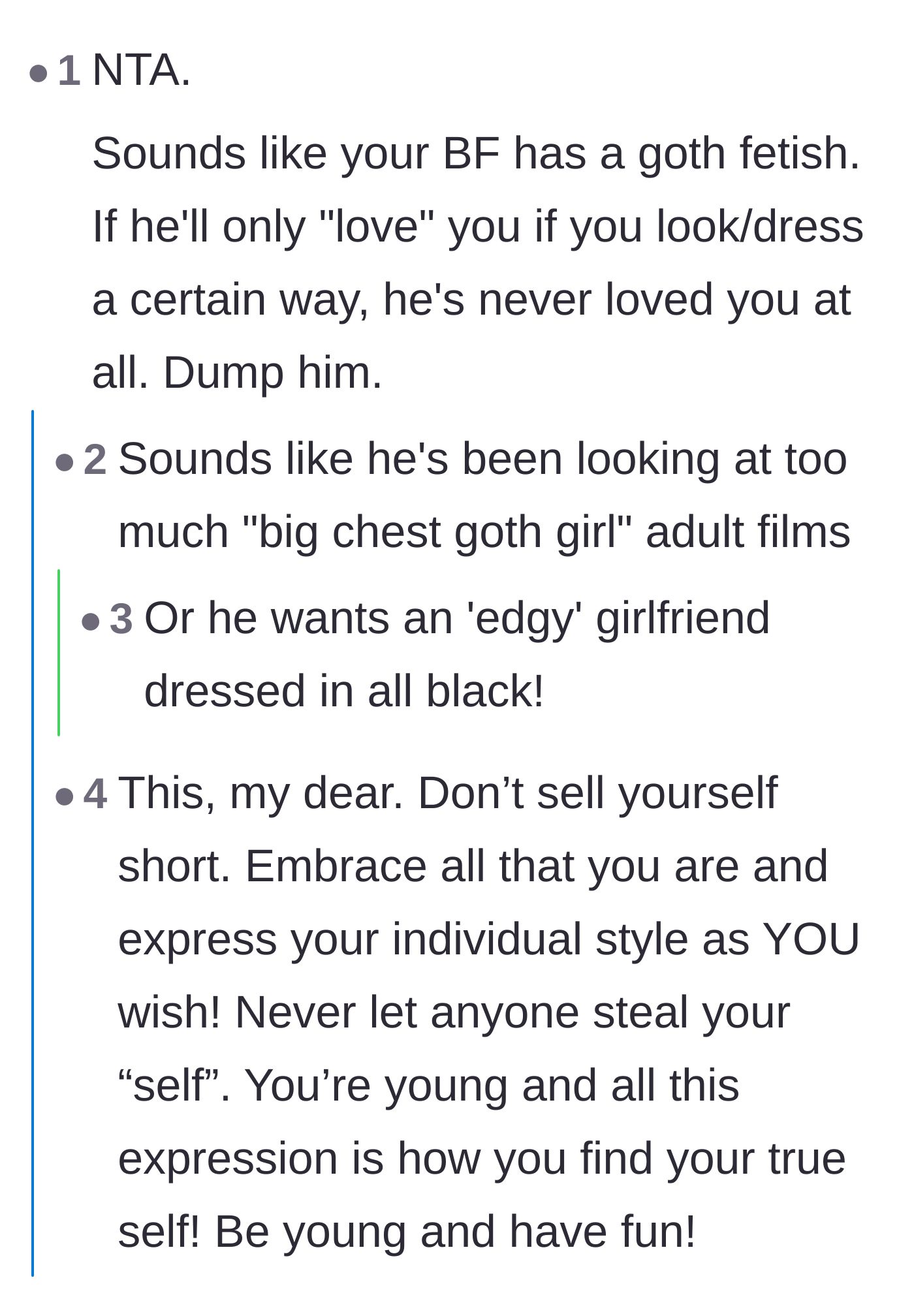 Comment thread 1 - Readers debating whether the boyfriend has an unhealthy fetish or is just using her for edgy social credibility.