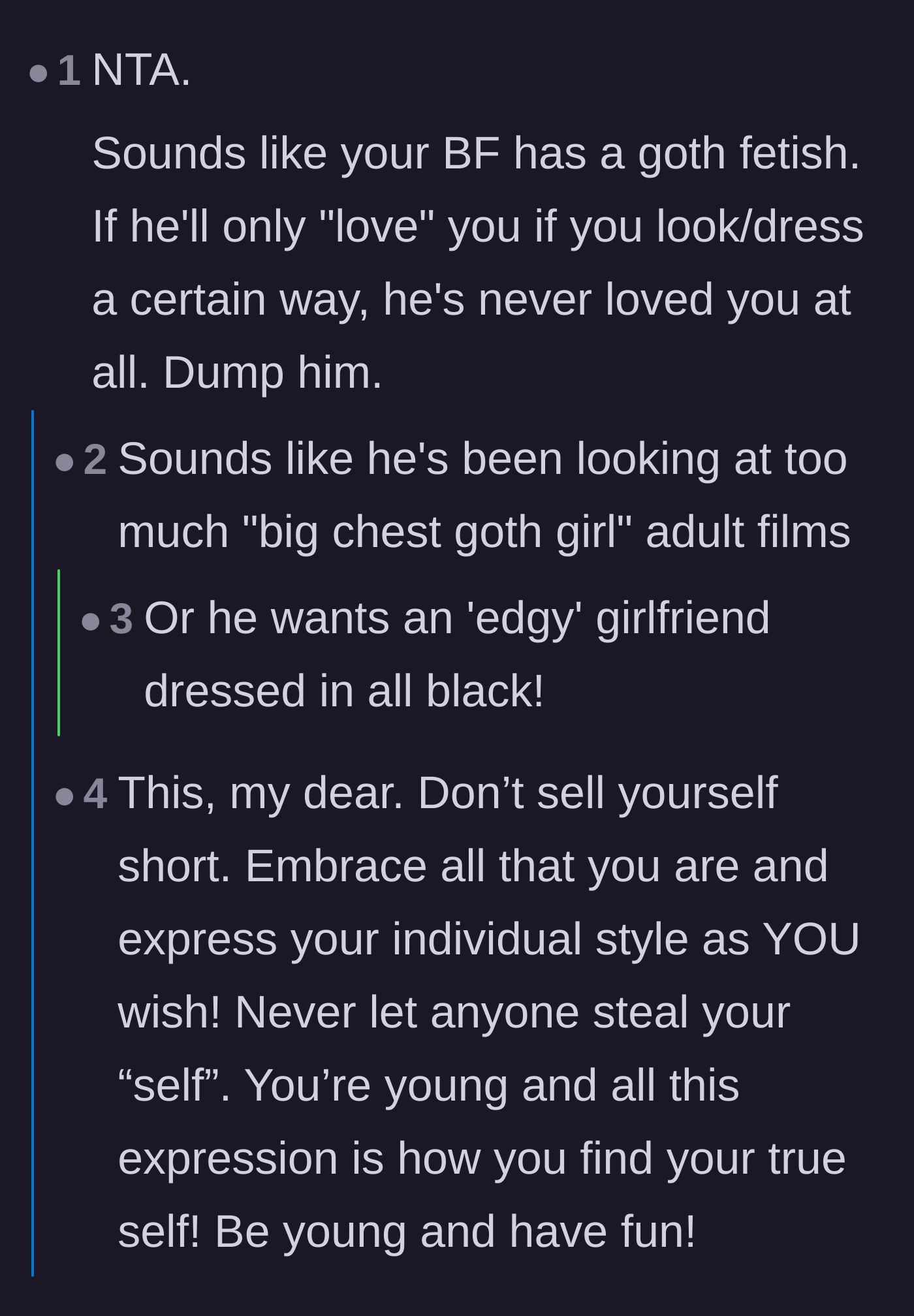 Comment thread 1 - Readers debating whether the boyfriend has an unhealthy fetish or is just using her for edgy social credibility.