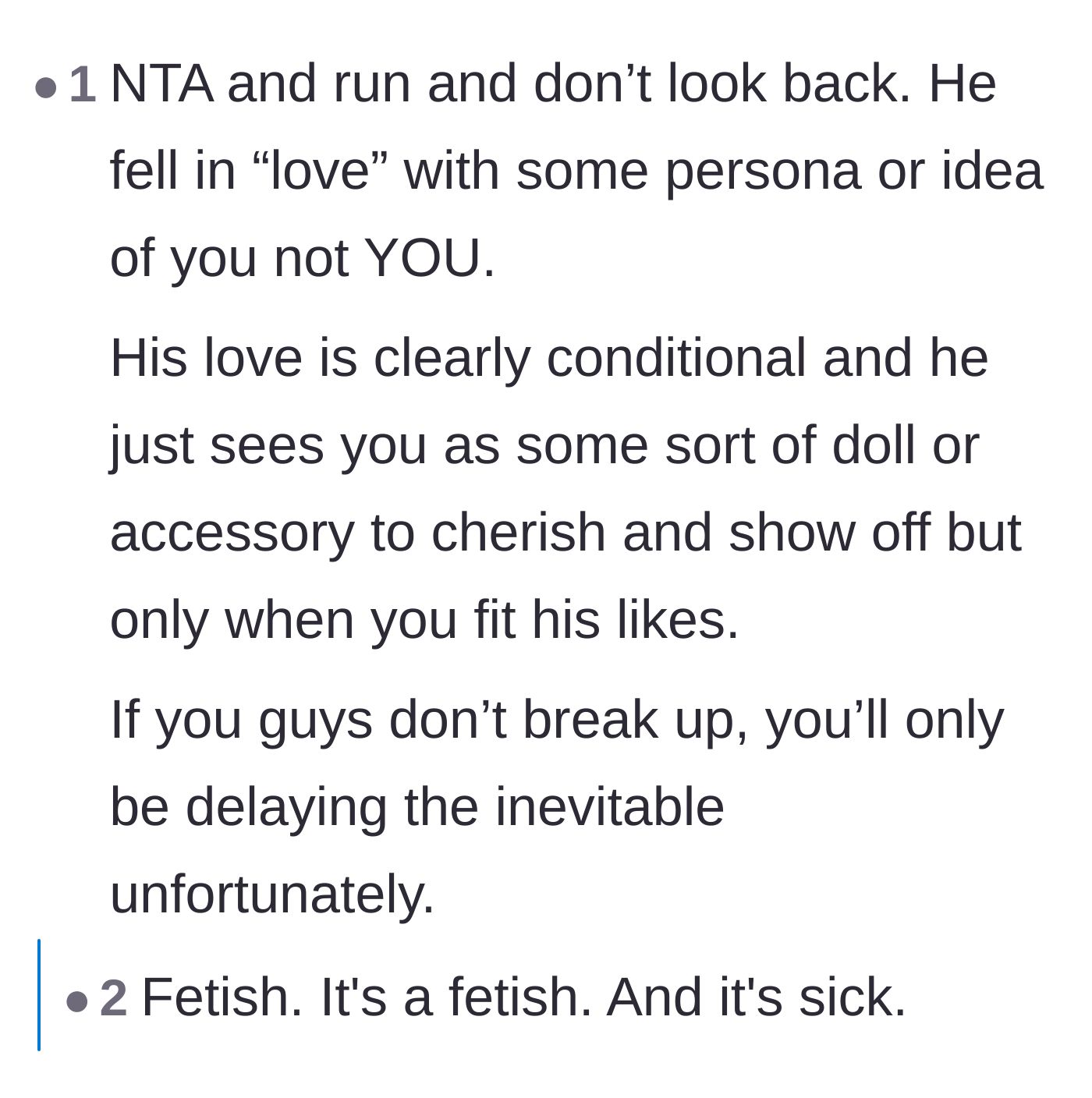 Comment thread 5 - A discussion about conditional affection and how the boyfriend treats her like a customizable doll instead of a person.