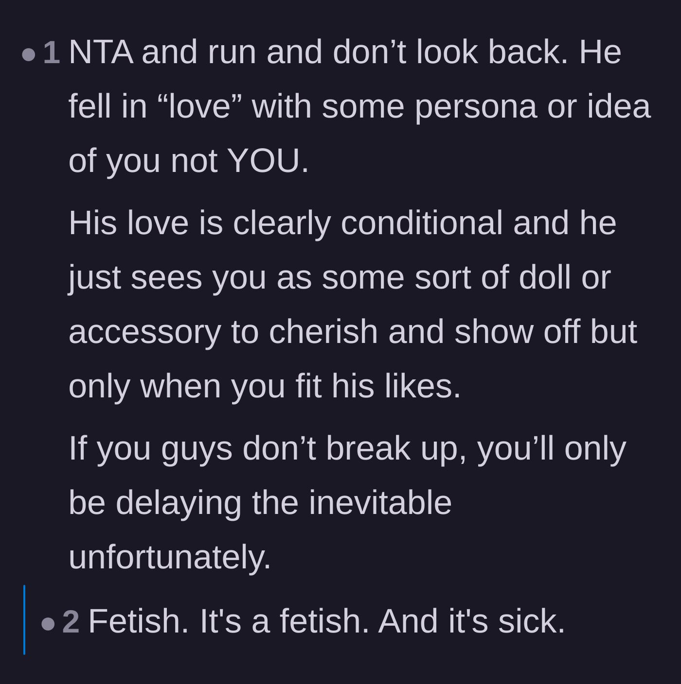 Comment thread 5 - A discussion about conditional affection and how the boyfriend treats her like a customizable doll instead of a person.