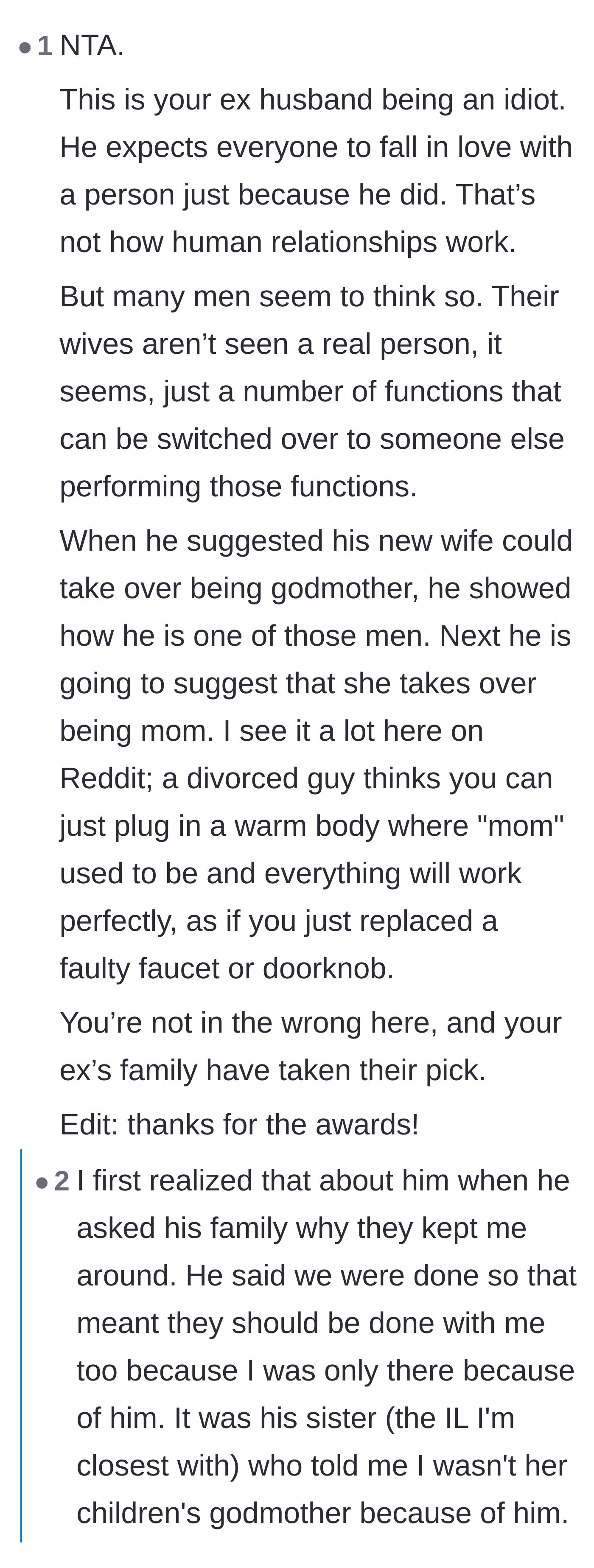 Comment thread 1 - Commenters discussing how the ex-husband treats wives like interchangeable appliances and the affair partner's delusion of stealing a ready-made life