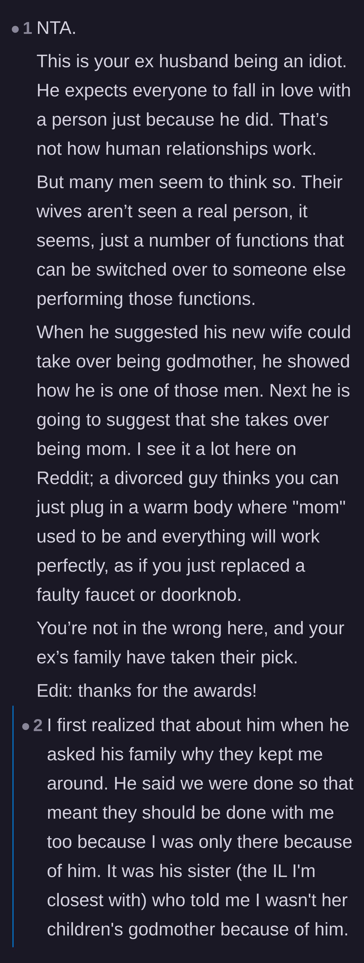 Comment thread 1 - Commenters discussing how the ex-husband treats wives like interchangeable appliances and the affair partner's delusion of stealing a ready-made life