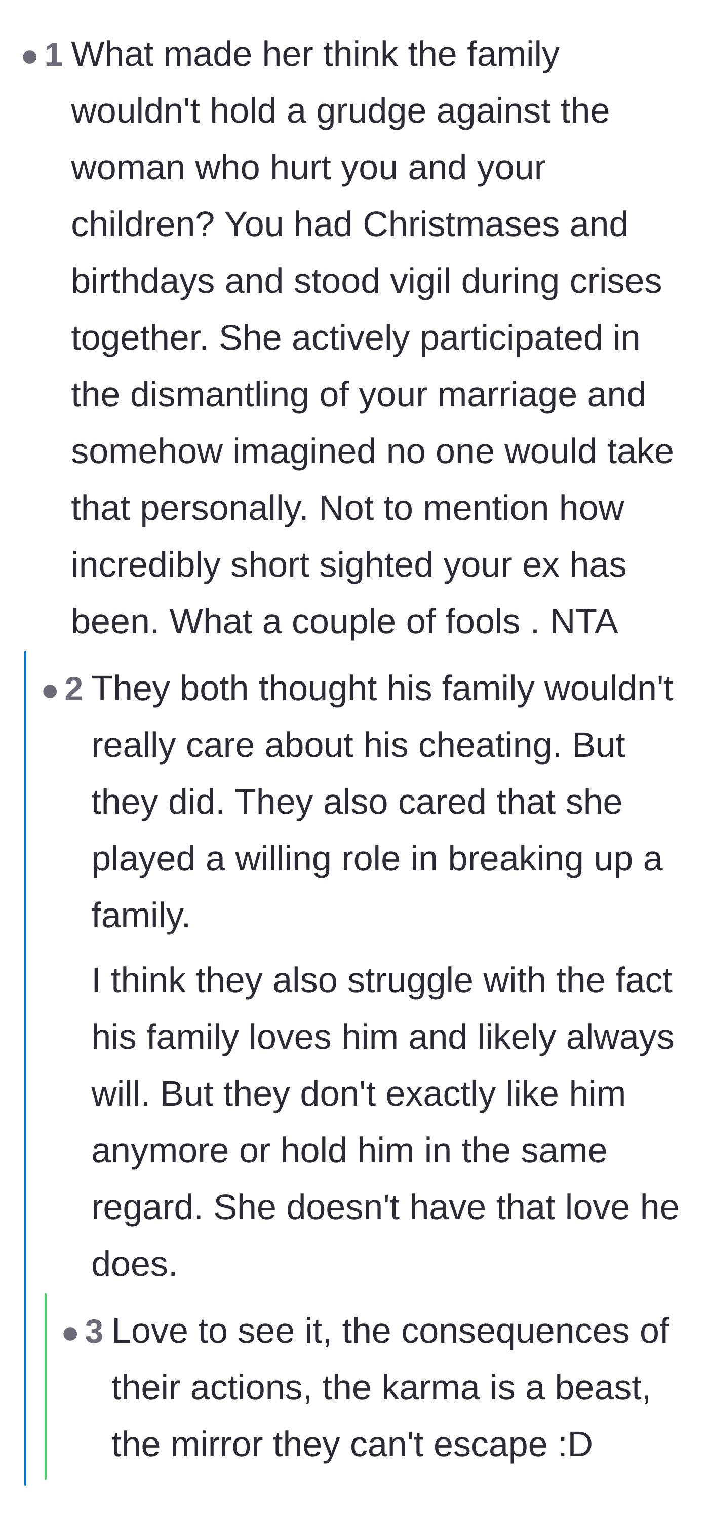 Comment thread 2 - A discussion about the sweet karma of the in-laws holding a grudge against the affair partner for breaking up the family
