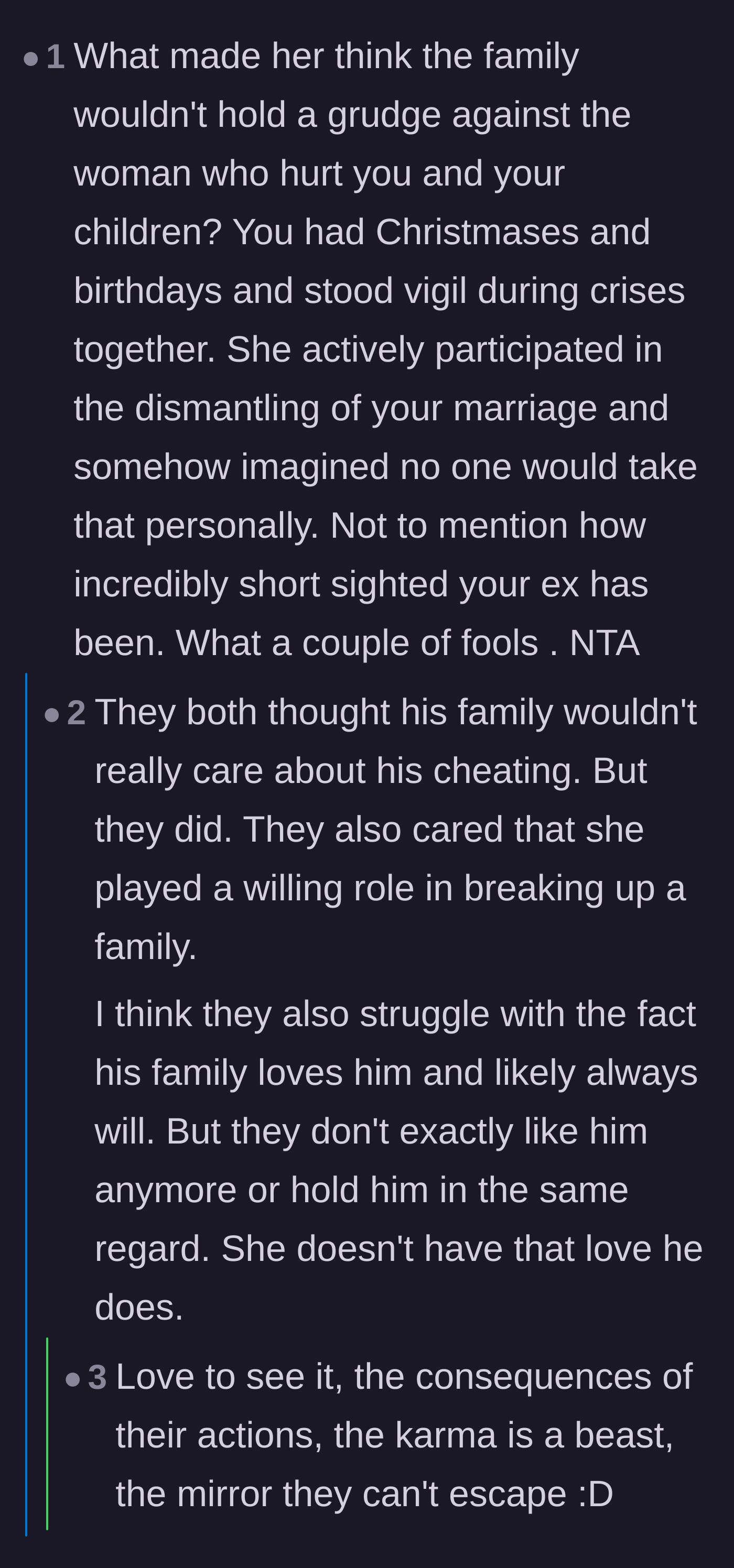 Comment thread 2 - A discussion about the sweet karma of the in-laws holding a grudge against the affair partner for breaking up the family