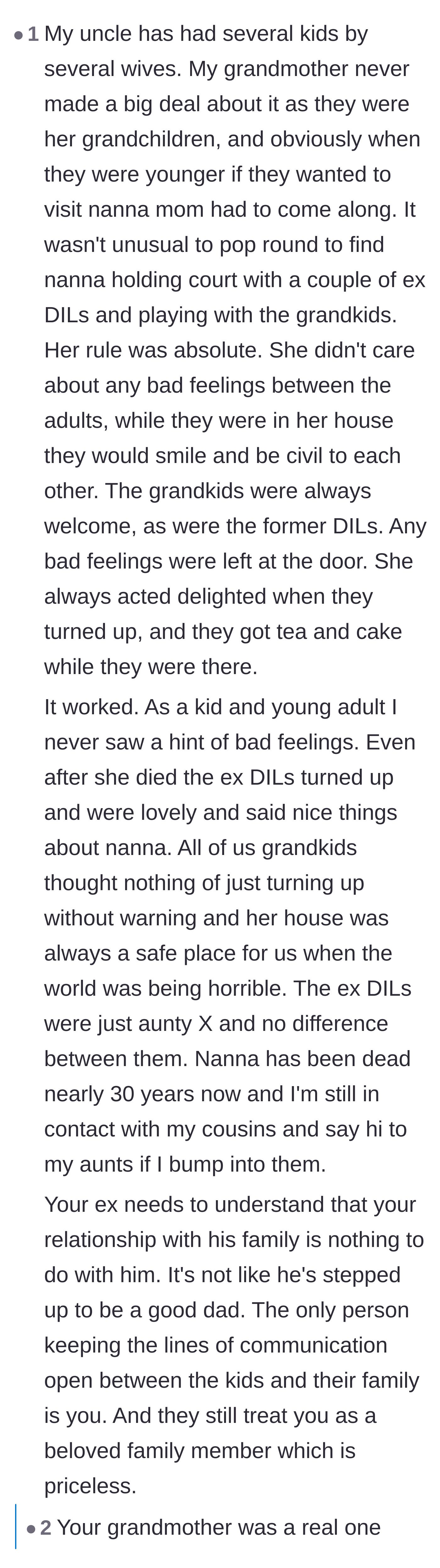Comment thread 4 - A wholesome story about a tough grandmother who welcomed all her former daughters-in-law to family gatherings for the sake of the grandchildren