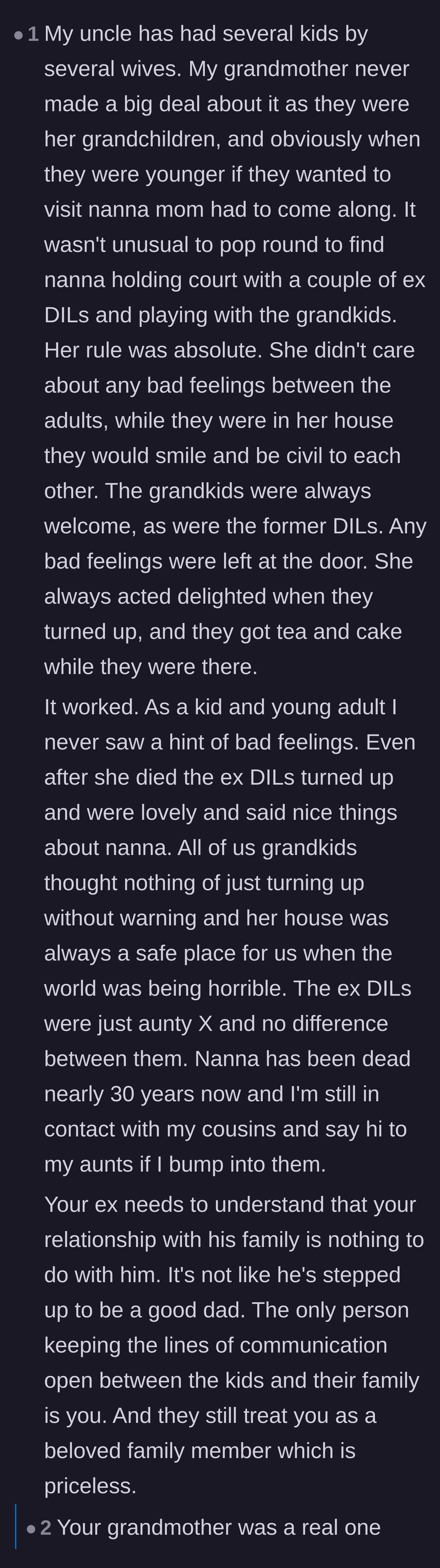 Comment thread 4 - A wholesome story about a tough grandmother who welcomed all her former daughters-in-law to family gatherings for the sake of the grandchildren