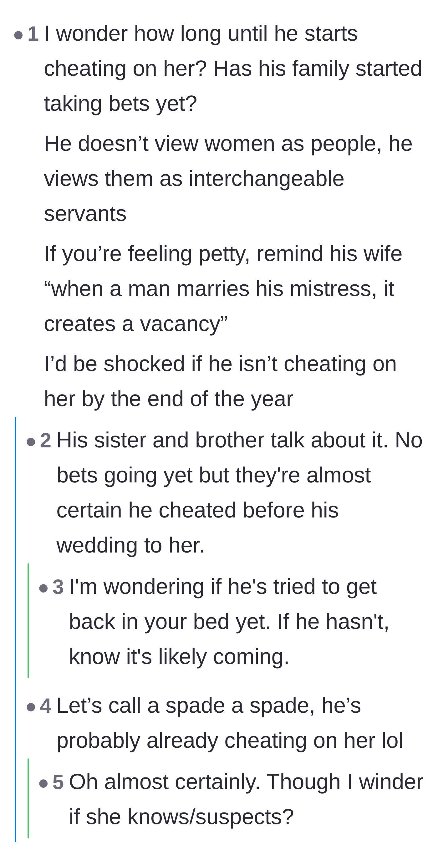 Comment thread 5 - Commenters placing bets on how soon the ex-husband will cheat on his new wife, with the original poster confirming his siblings already suspect him