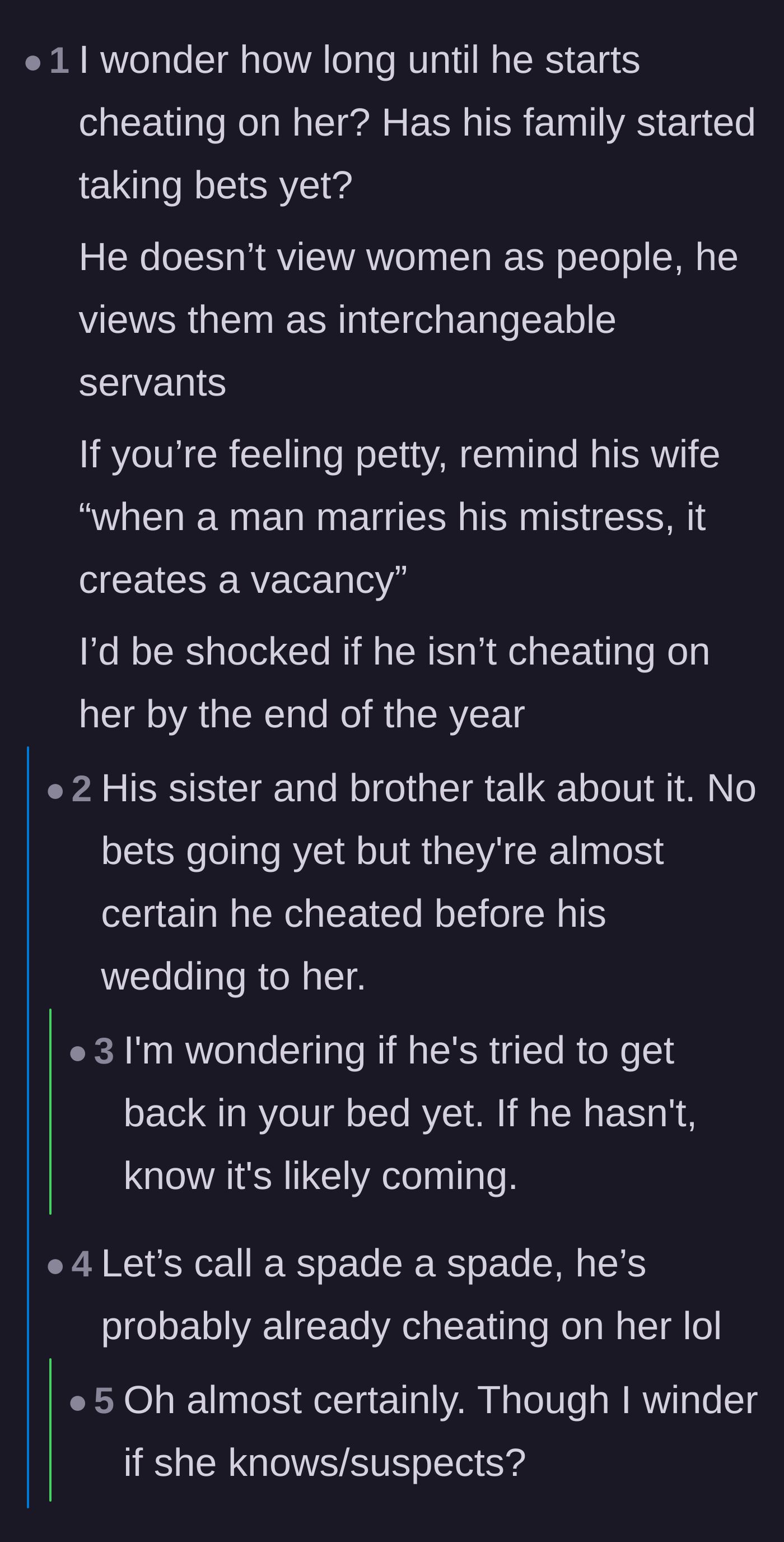 Comment thread 5 - Commenters placing bets on how soon the ex-husband will cheat on his new wife, with the original poster confirming his siblings already suspect him