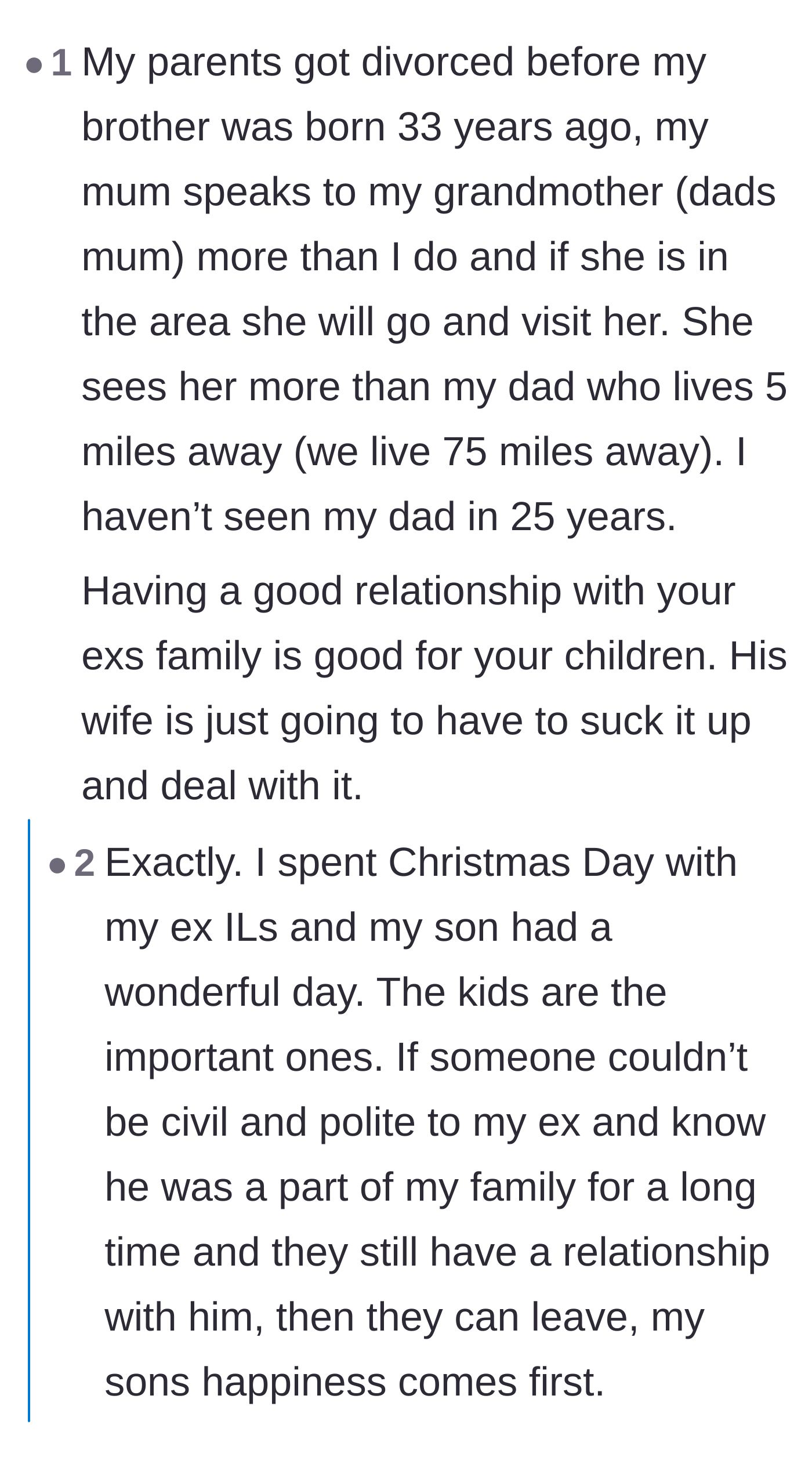 Comment thread 6 - A user sharing how their mother maintained a lifelong bond with her ex-mother-in-law for the children's sake, validating the original poster