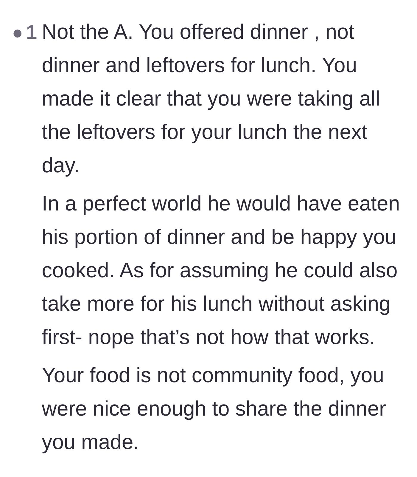 Comment thread 3 - Analyzing the vital difference between offering a single meal versus unrestricted community access to groceries.