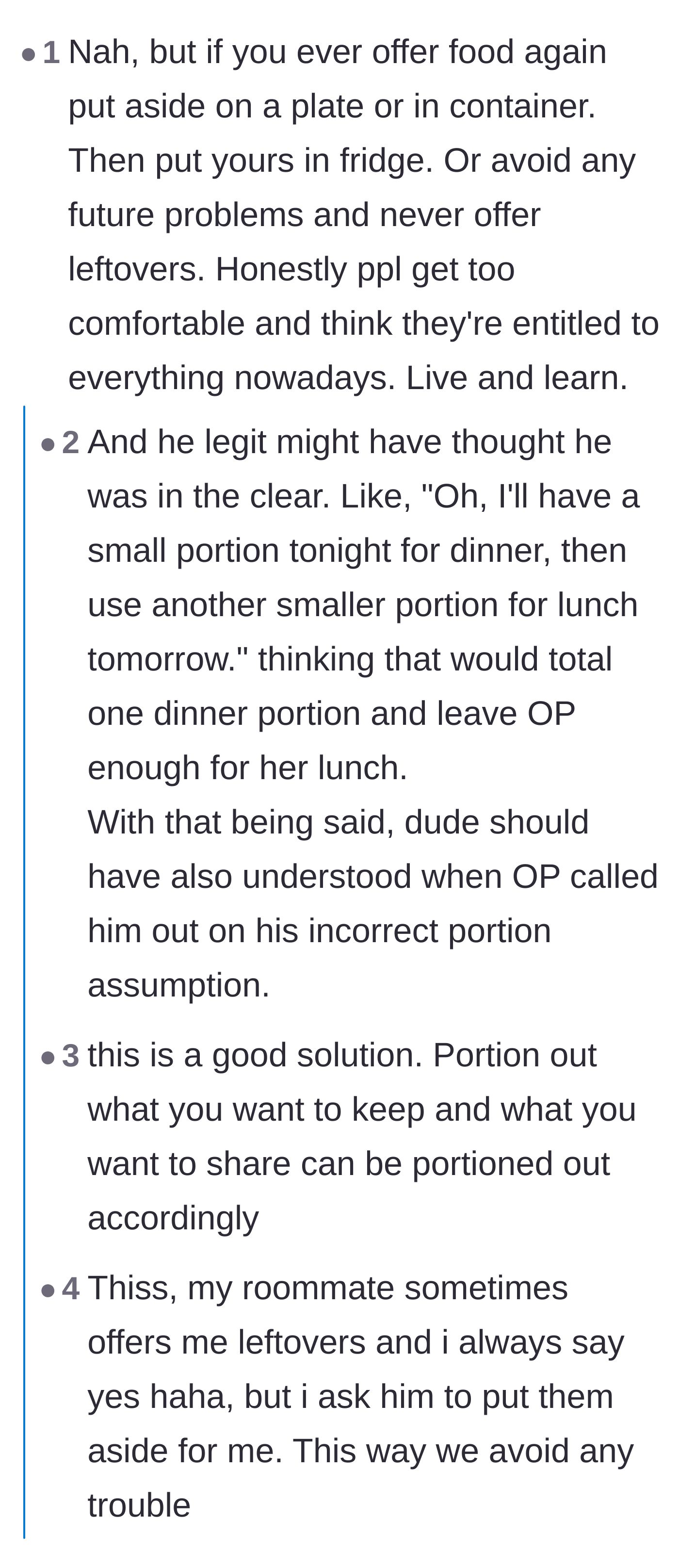 Comment thread 4 - Debating practical solutions like pre-portioning food and whether the roommate's actions were malicious or merely oblivious.