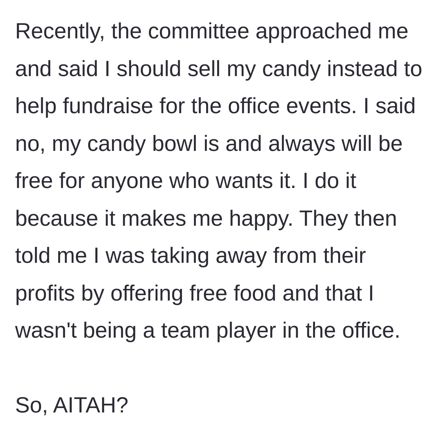 Story part 3 - The social committee confronts the worker, demanding they charge for the candy to boost committee profits, accusing them of not being a team player.