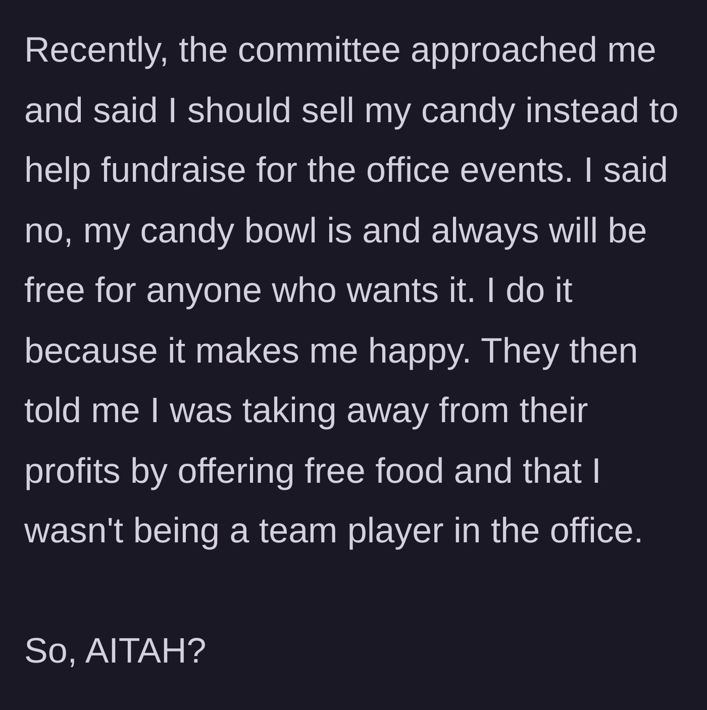 Story part 3 - The social committee confronts the worker, demanding they charge for the candy to boost committee profits, accusing them of not being a team player.