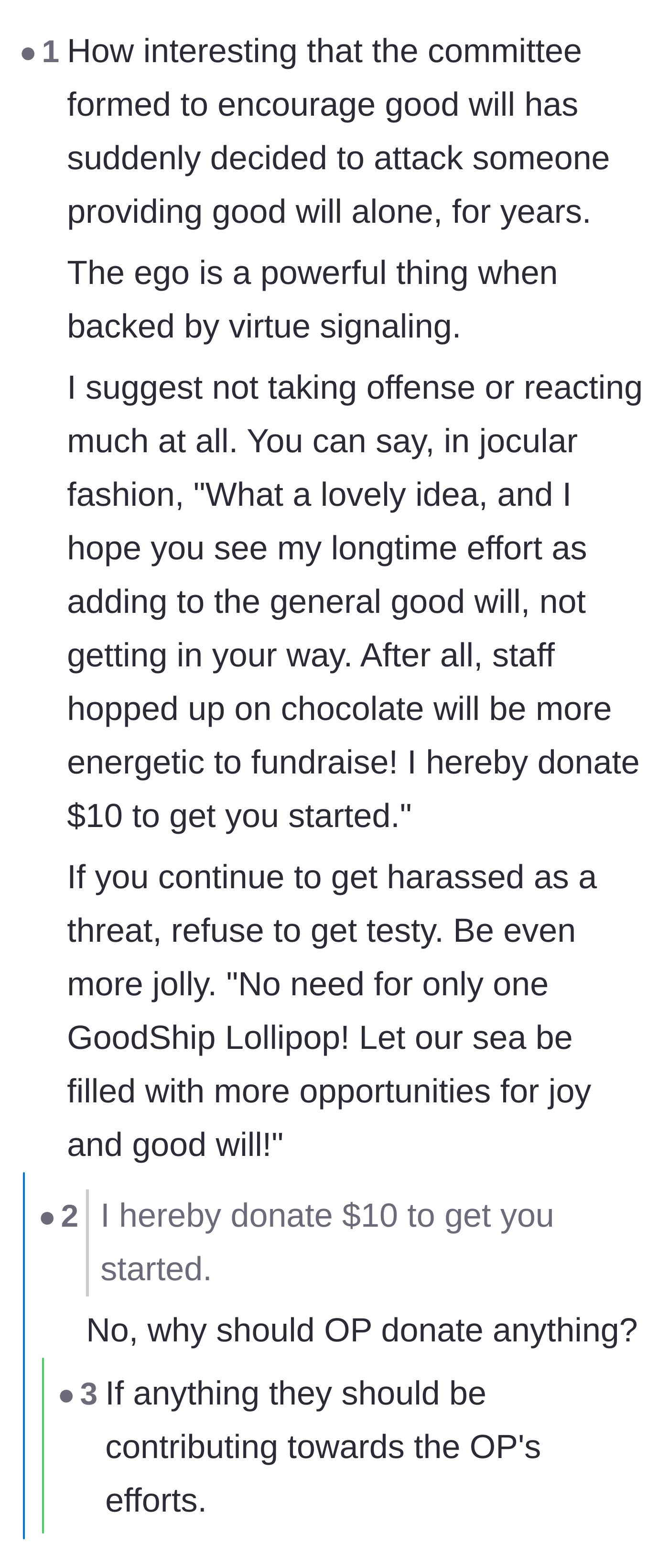 Comment thread 3 - Debate on responding to the committee with excessive jolliness and offering a sarcastic cash donation.