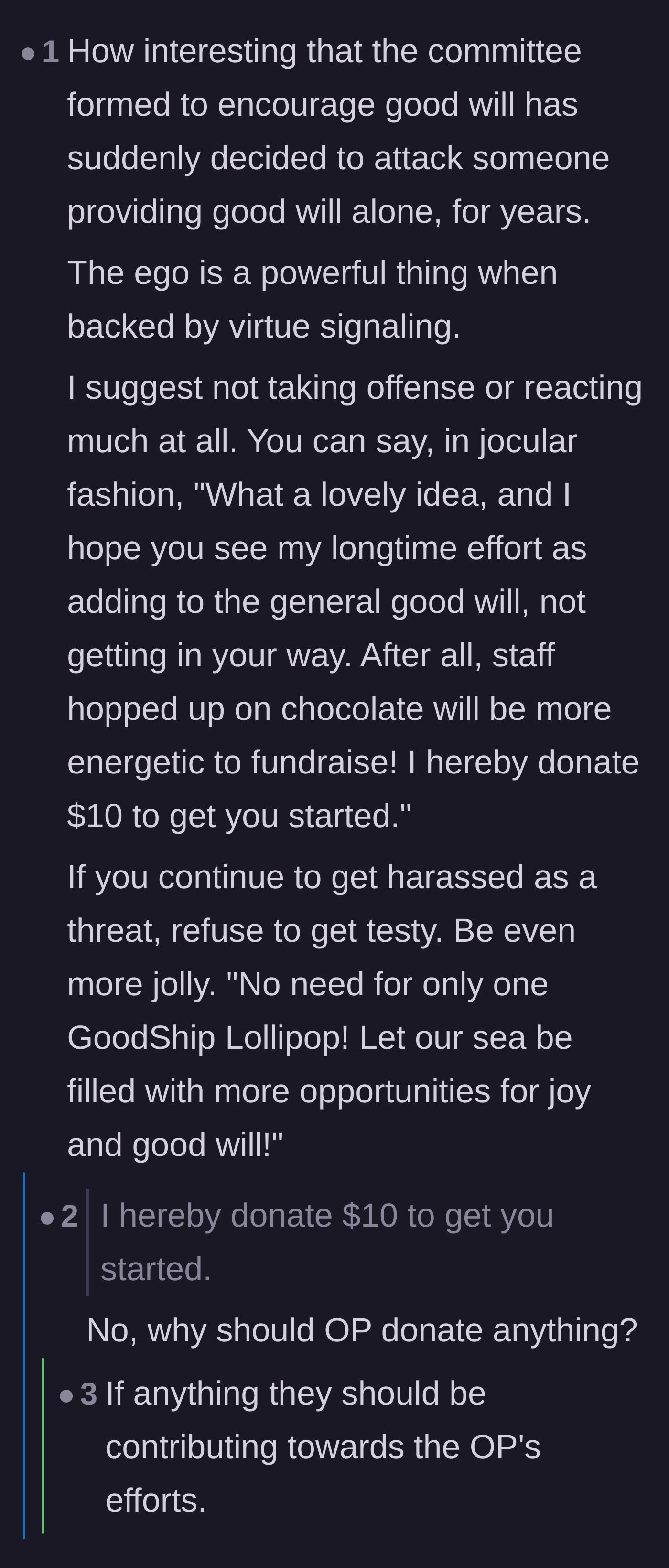 Comment thread 3 - Debate on responding to the committee with excessive jolliness and offering a sarcastic cash donation.