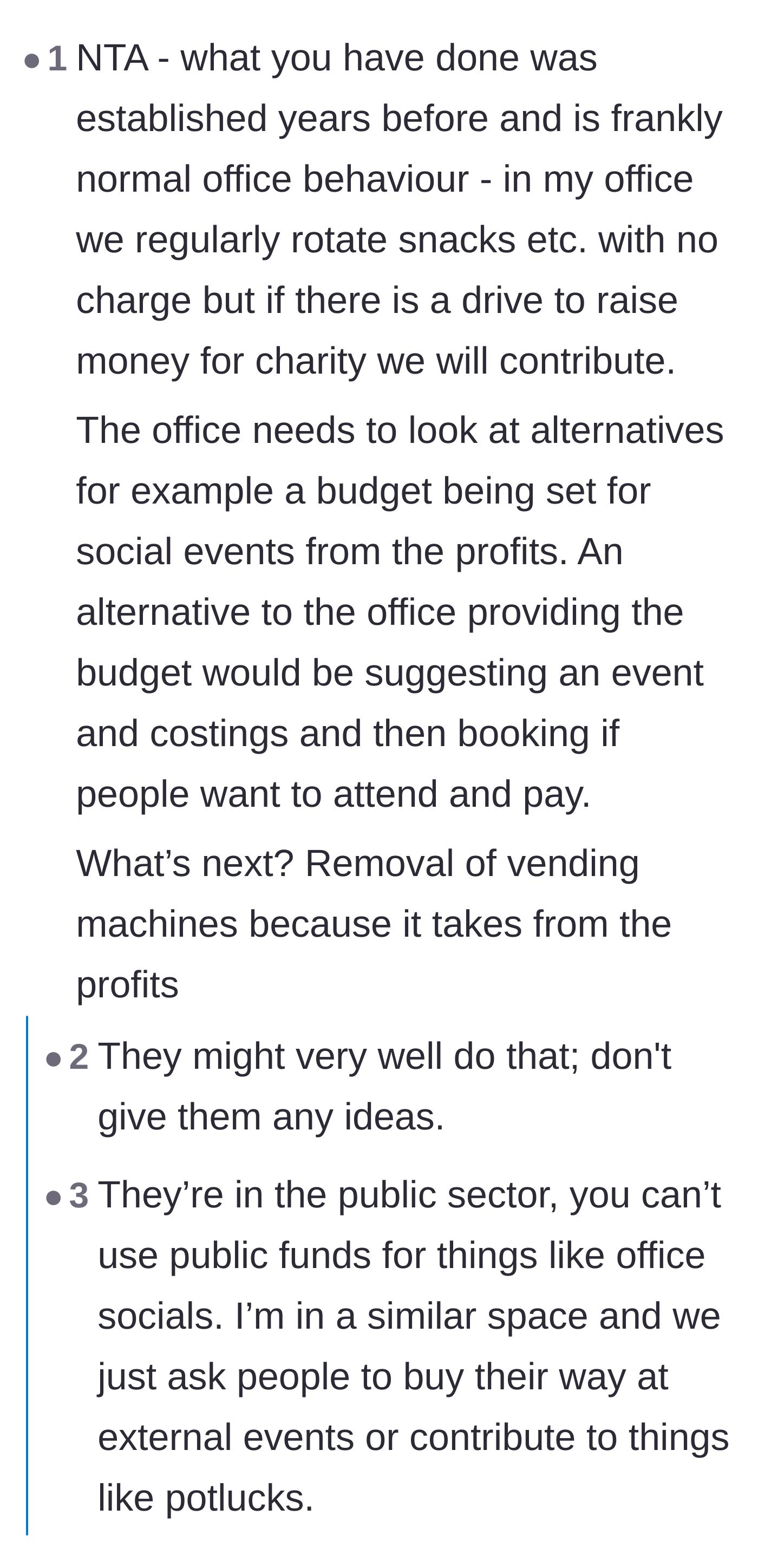 Comment thread 4 - Discussion on normal office snack etiquette and the committee's fundamentally flawed fundraising model.