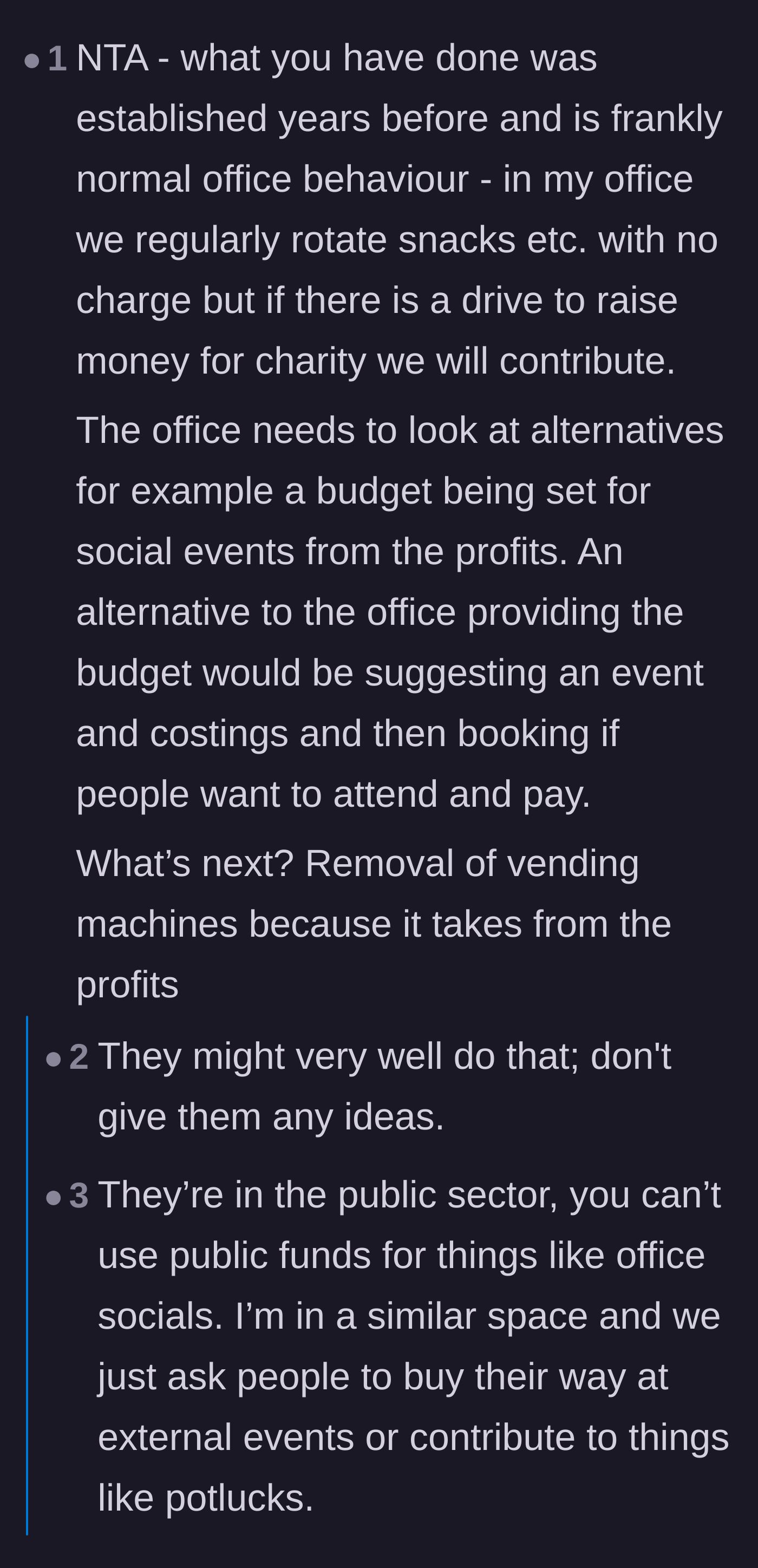 Comment thread 4 - Discussion on normal office snack etiquette and the committee's fundamentally flawed fundraising model.
