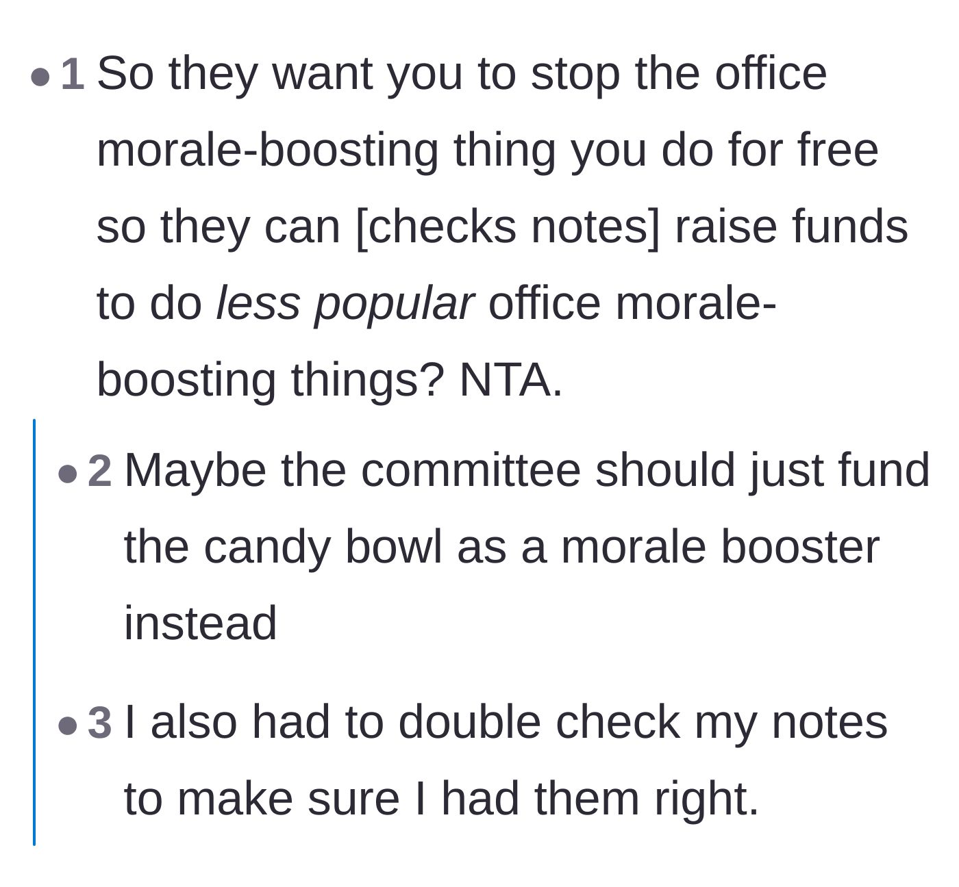Comment thread 5 - Humorous summary of the committee wanting to end free morale to fund much worse morale.