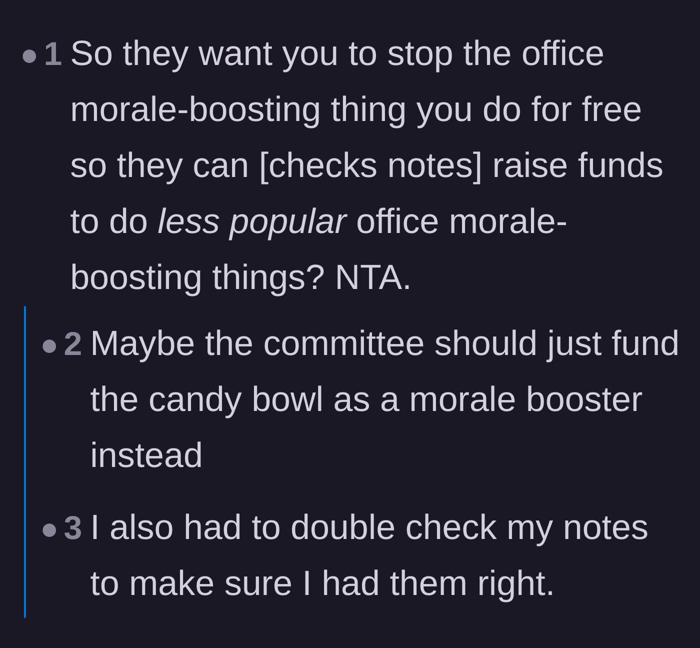Comment thread 5 - Humorous summary of the committee wanting to end free morale to fund much worse morale.