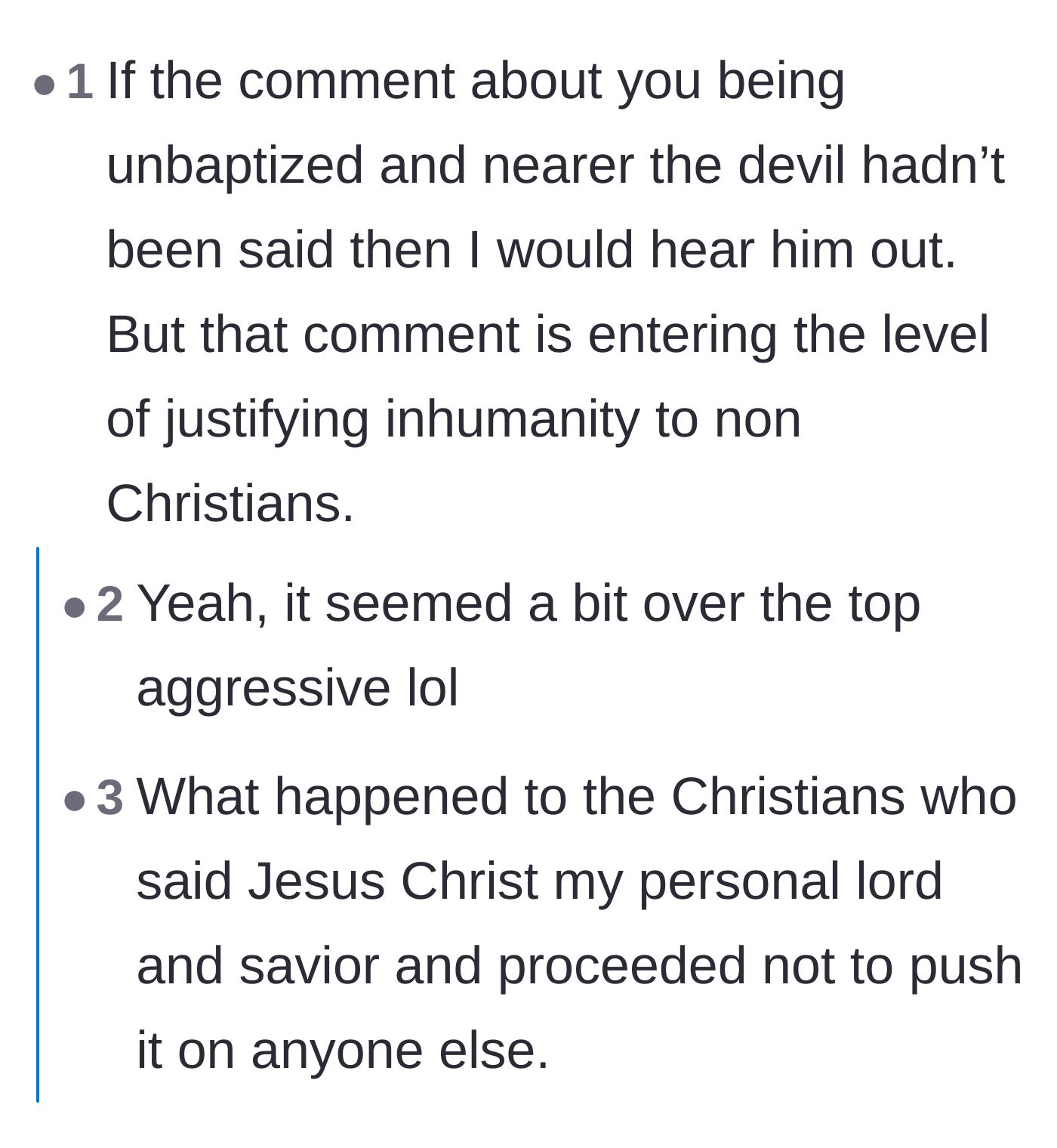 Comment thread 1 - Readers dissecting the intense 'closer to the devil' remark and sharing their own experiences with religious manipulation.