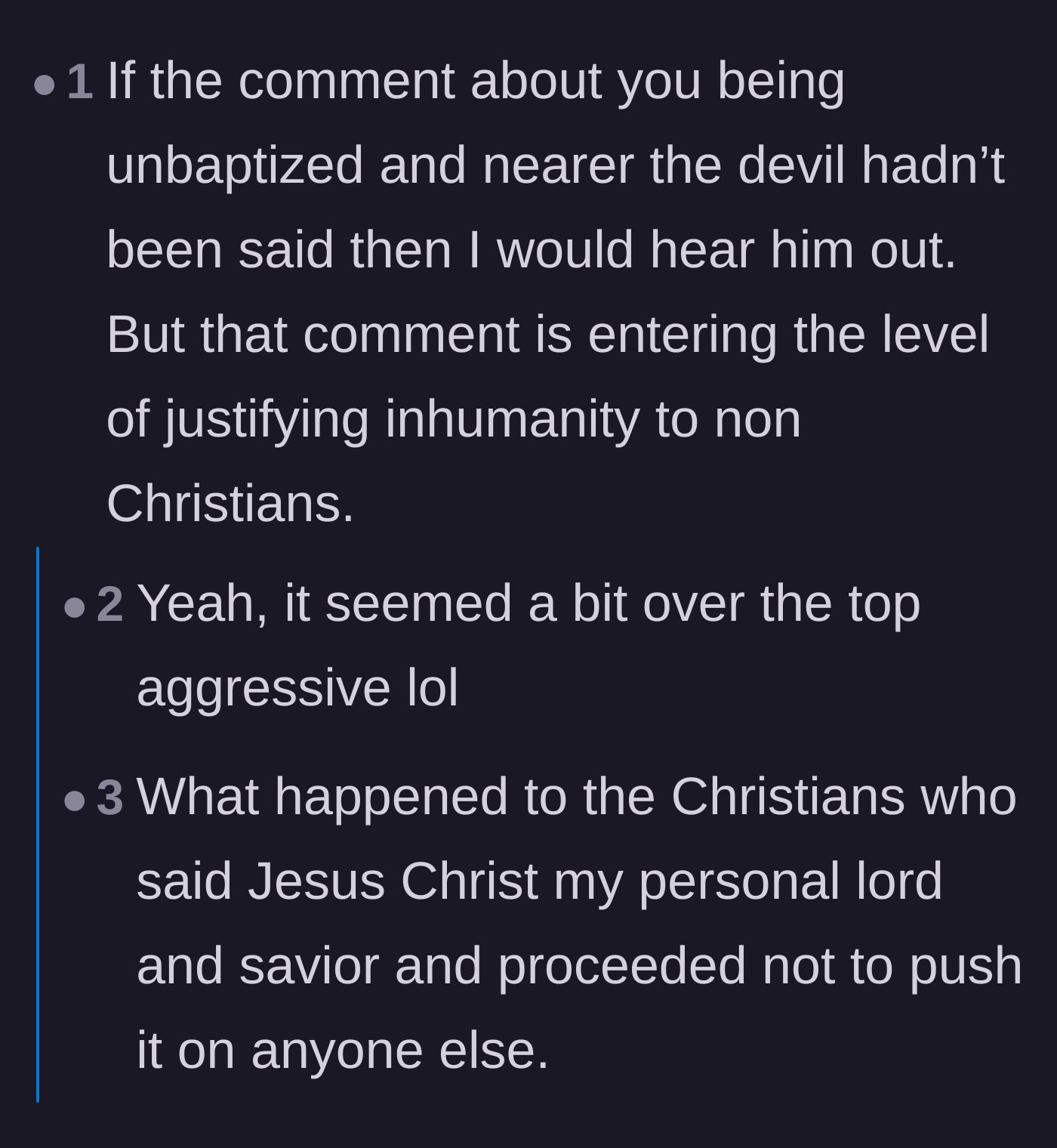 Comment thread 1 - Readers dissecting the intense 'closer to the devil' remark and sharing their own experiences with religious manipulation.