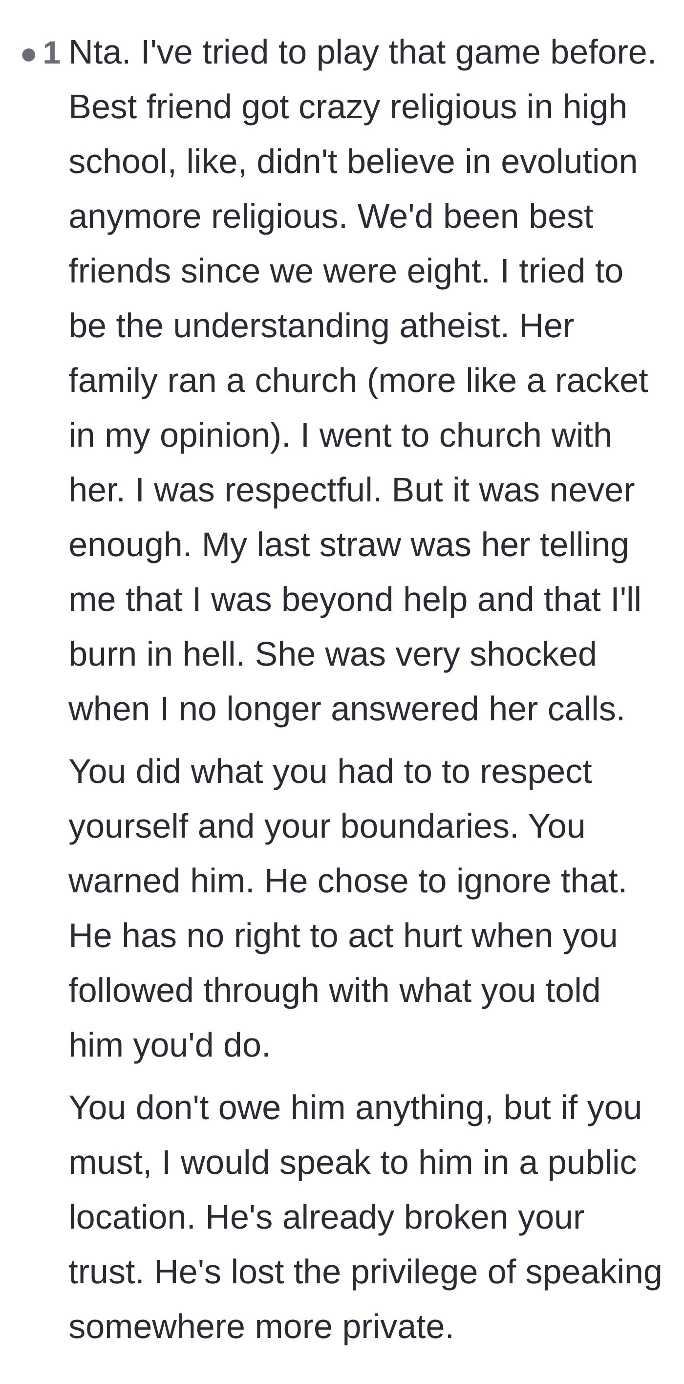 Comment thread 2 - A reader sharing a similar story of losing a childhood best friend to religious extremism and going no contact.
