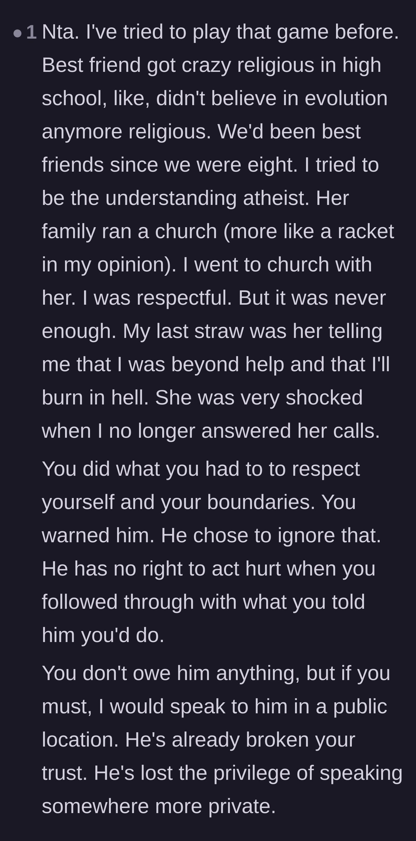 Comment thread 2 - A reader sharing a similar story of losing a childhood best friend to religious extremism and going no contact.