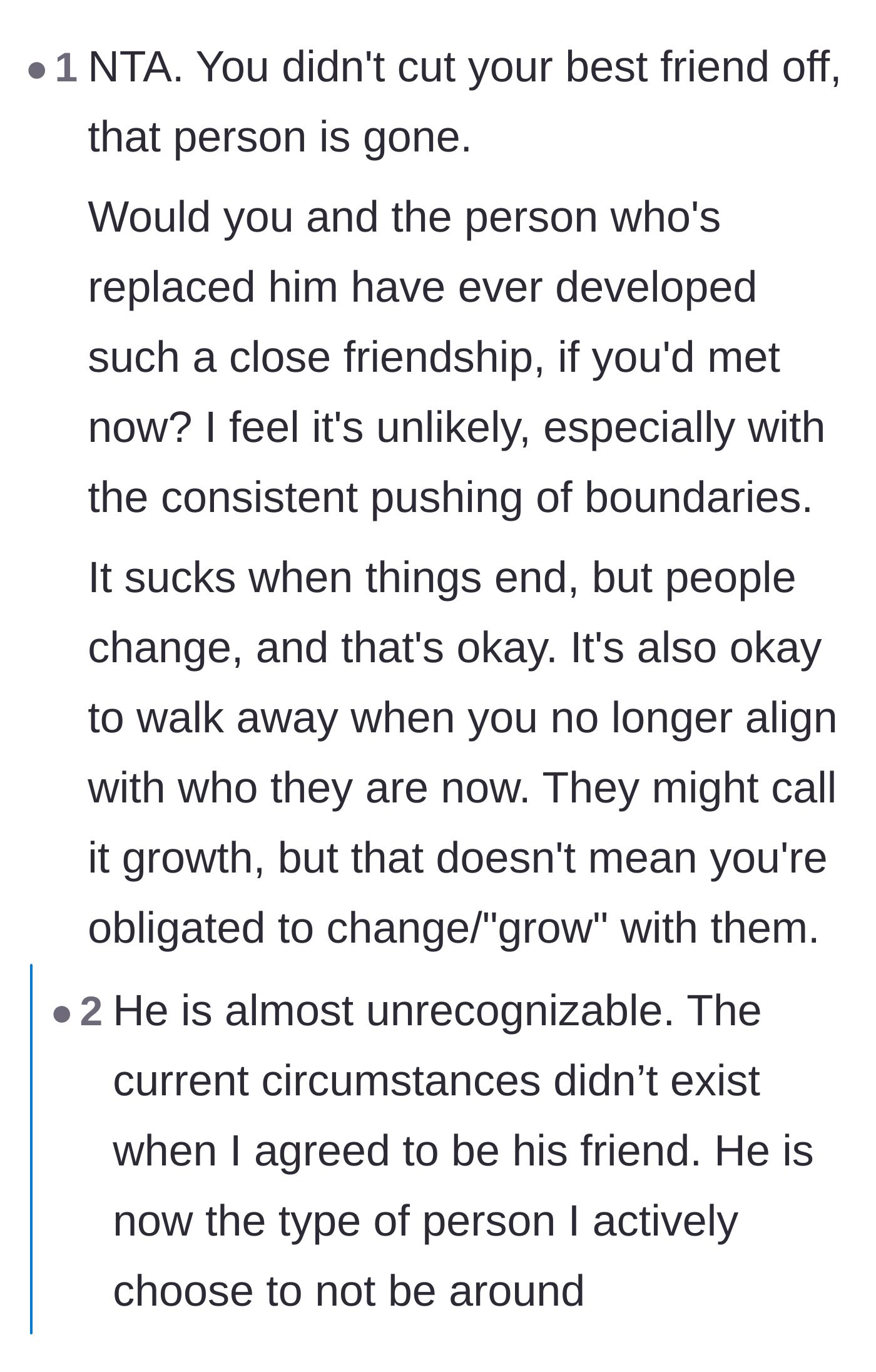 Comment thread 3 - Discussion about how the 17-year friend is essentially a different person now and you aren't obligated to grow with them.