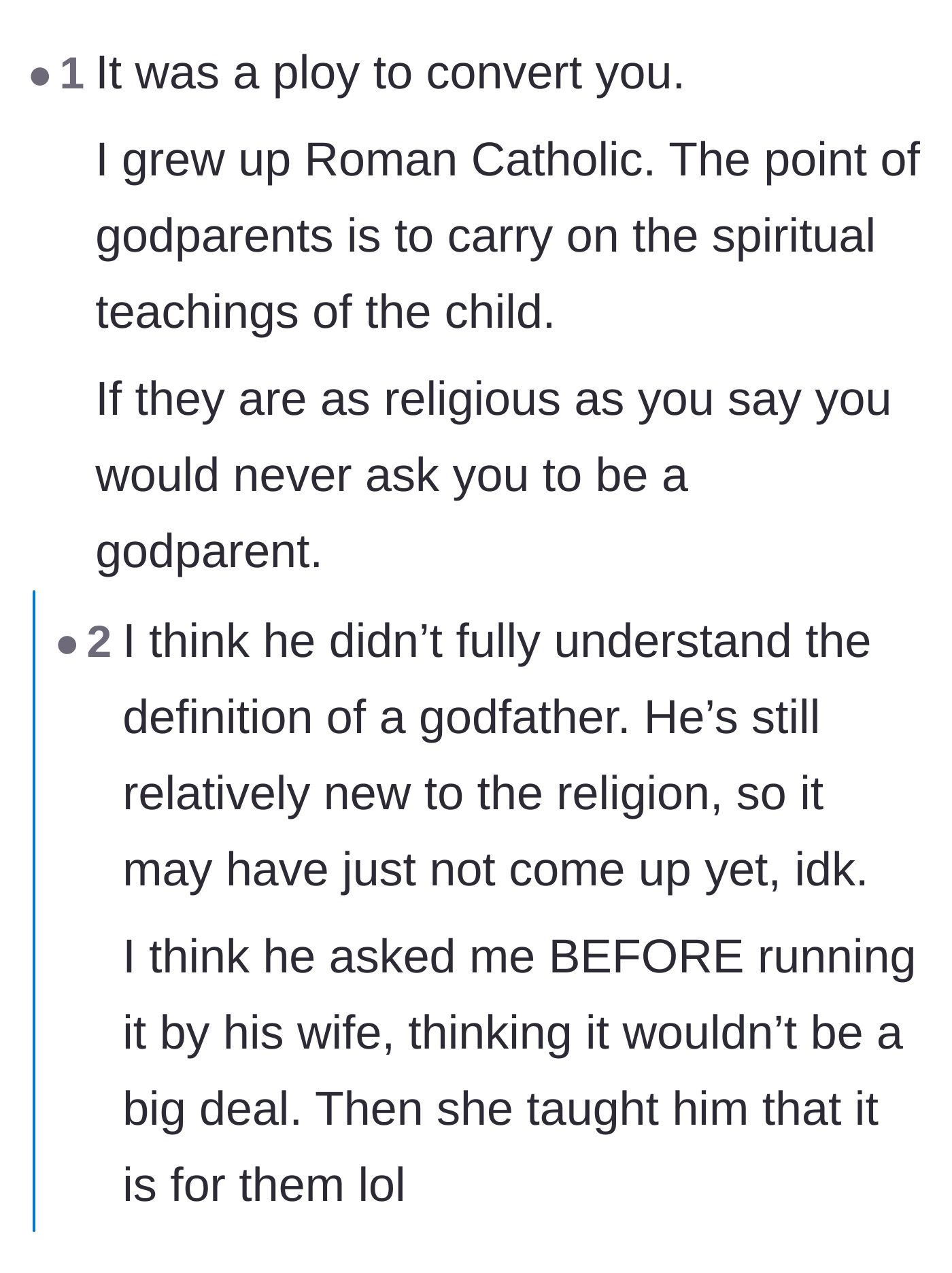 Comment thread 4 - Debating whether the godfather offer was a calculated conversion trap by the wife or just sheer ignorance from the husband.