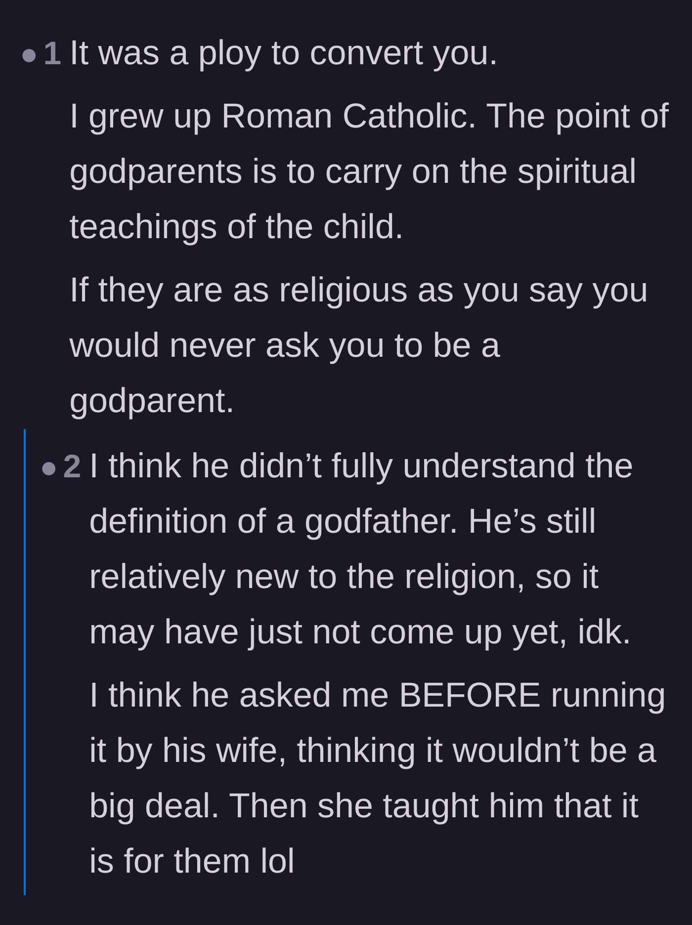 Comment thread 4 - Debating whether the godfather offer was a calculated conversion trap by the wife or just sheer ignorance from the husband.