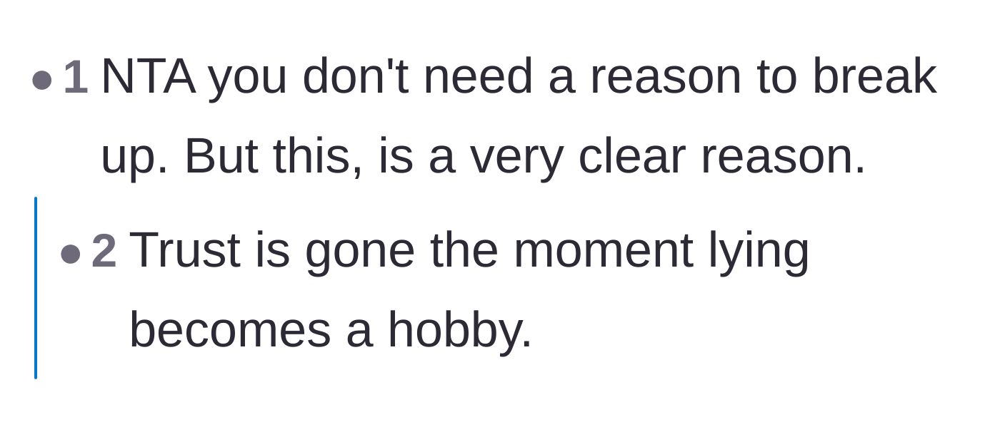 Comment thread 1 - Discussing how habitual lying is a definitive dealbreaker for a relationship.