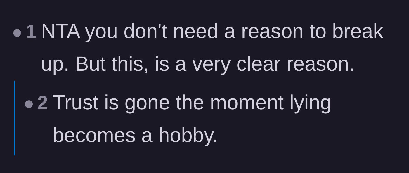 Comment thread 1 - Discussing how habitual lying is a definitive dealbreaker for a relationship.