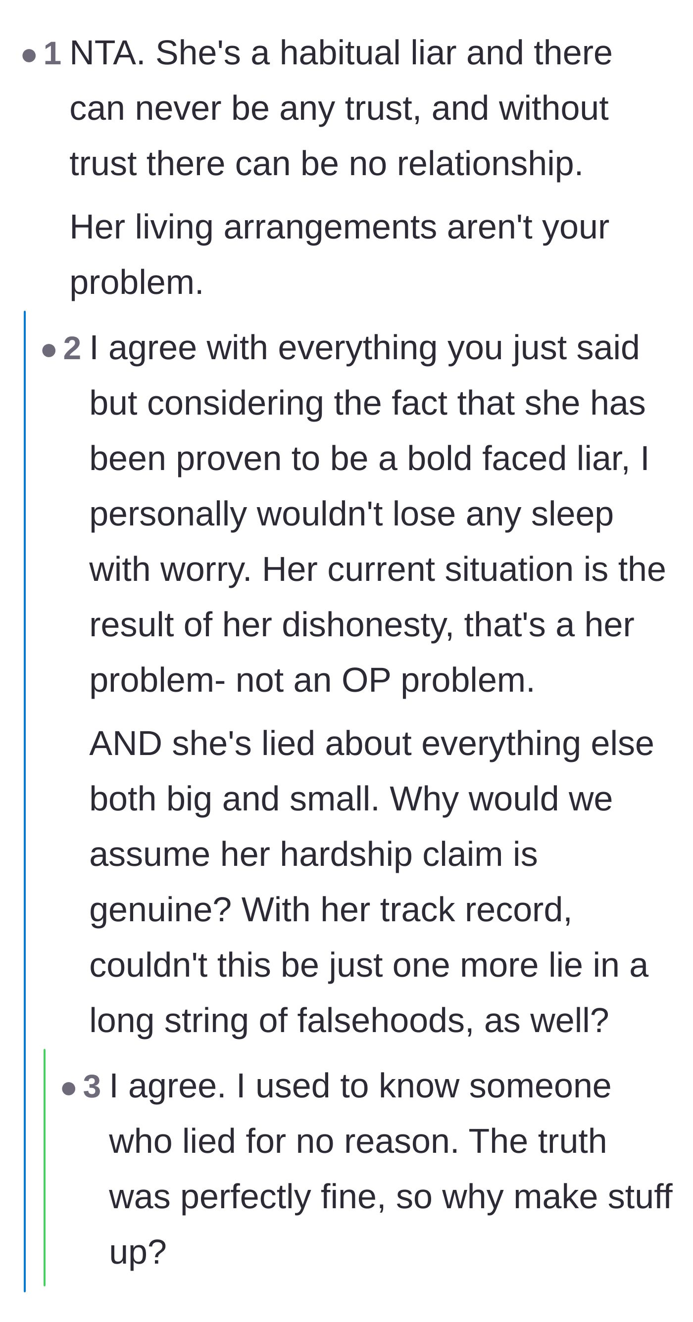 Comment thread 3 - Debating whether her claim of having nowhere to live is just another fabricated lie.