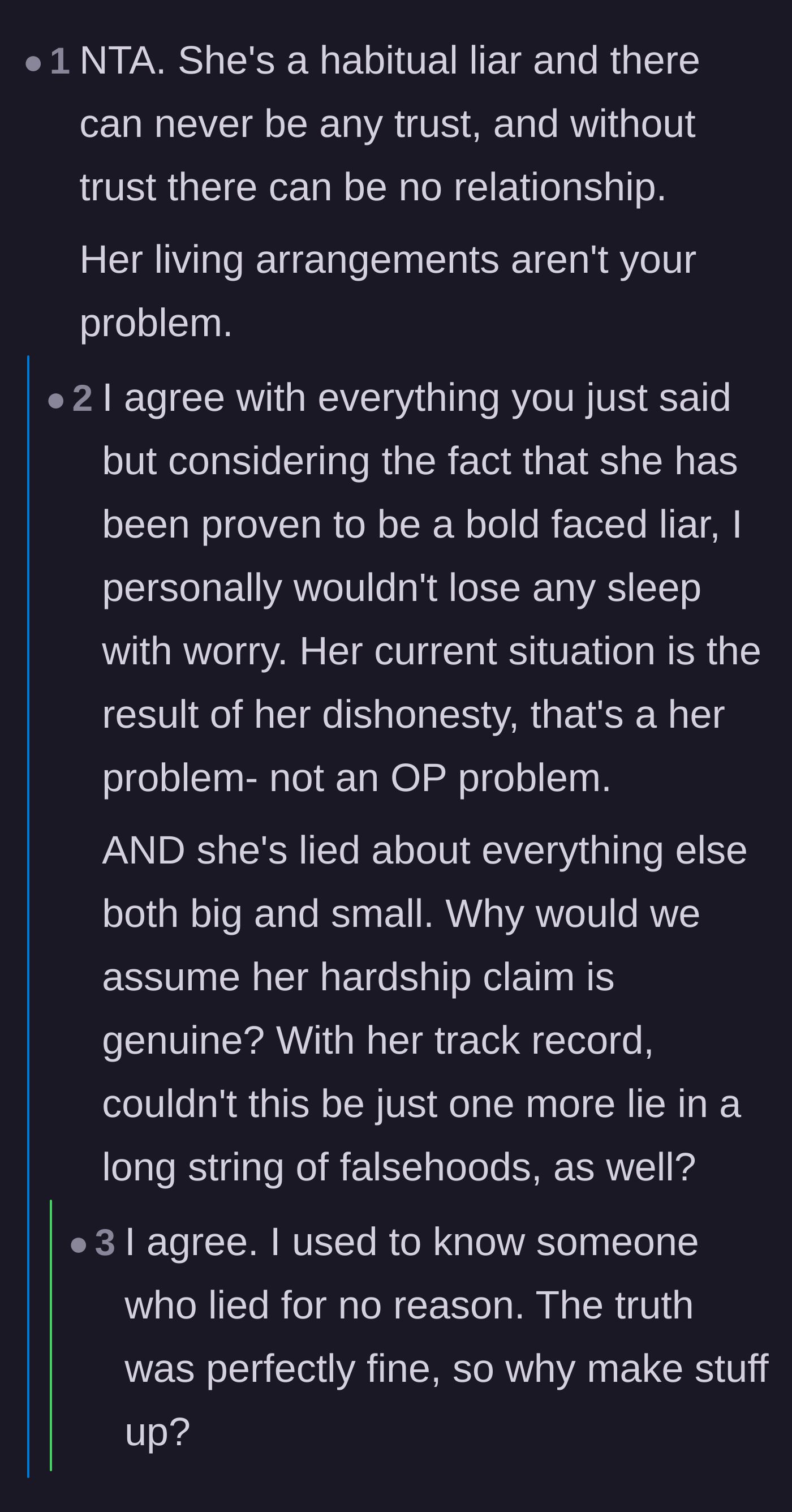Comment thread 3 - Debating whether her claim of having nowhere to live is just another fabricated lie.