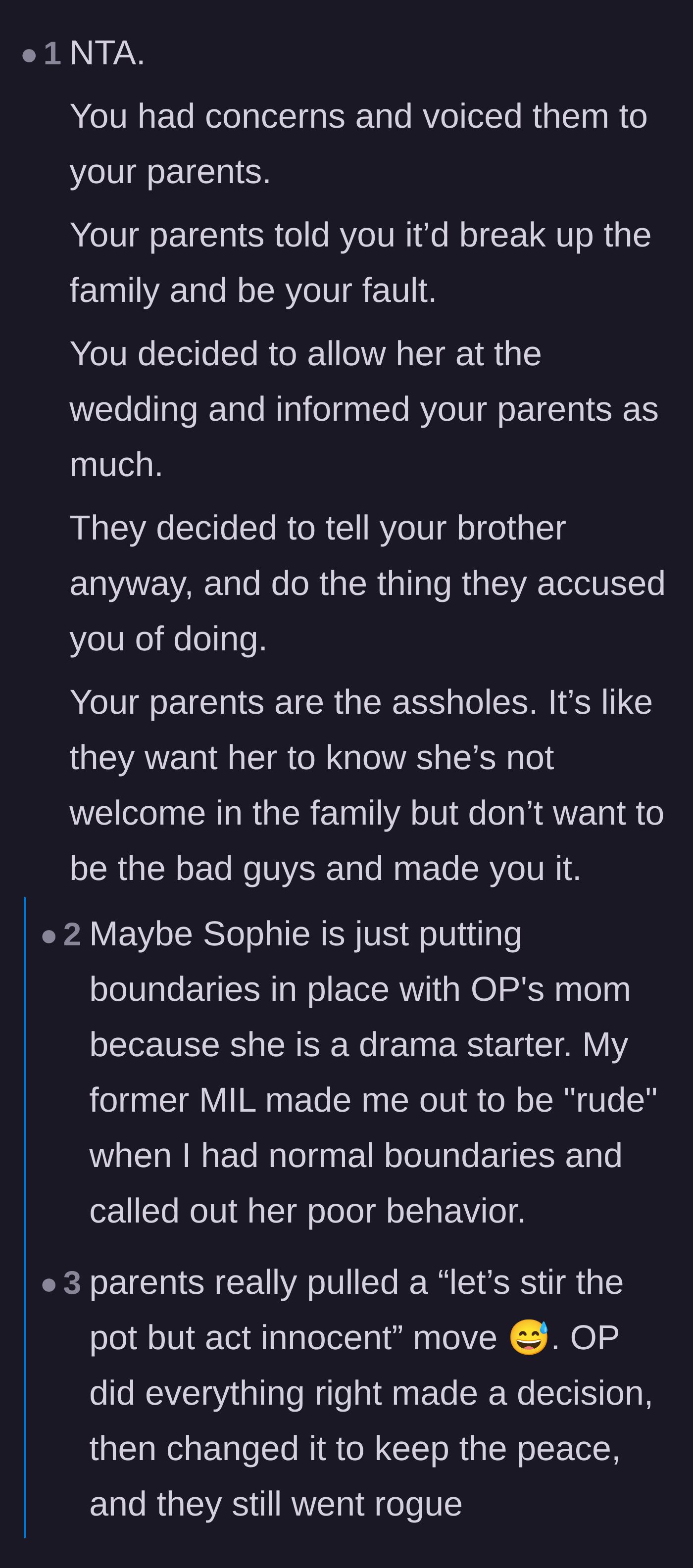 Comment thread 1 - Readers dissecting the parents' manipulative tactics and realizing they are playing both brothers against each other.