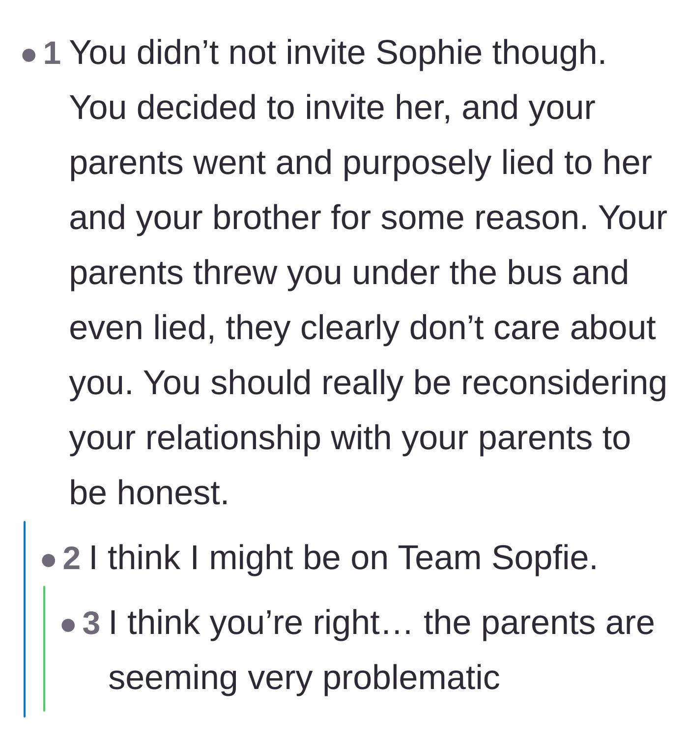 Comment thread 5 - A reality check about the parents lying and suggesting the groom reevaluate his relationship with them.