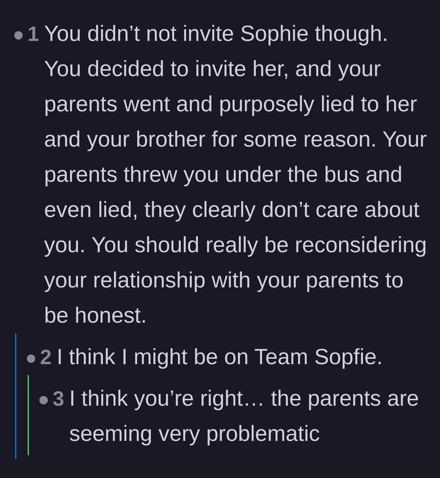 Comment thread 5 - A reality check about the parents lying and suggesting the groom reevaluate his relationship with them.