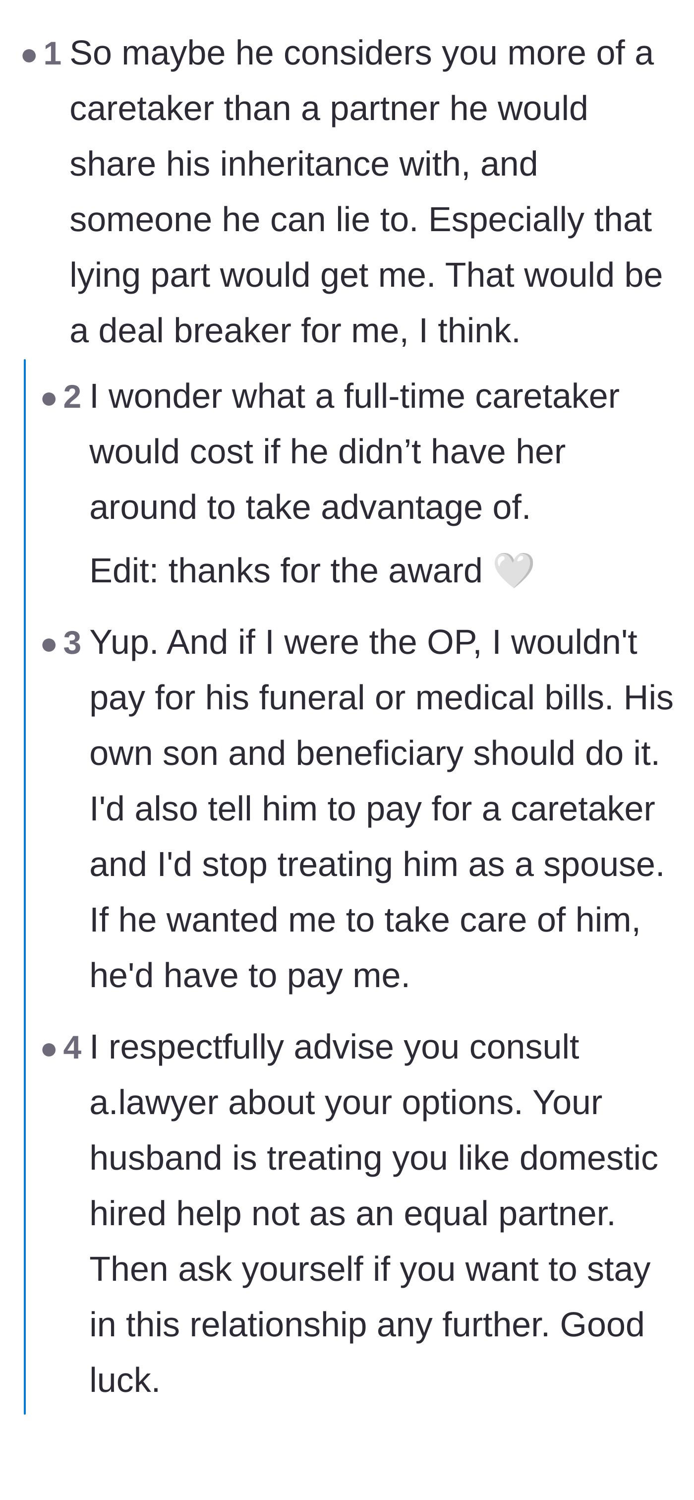 Comment thread 1 - Readers calculating the exorbitant financial value of the full-time nursing care the wife is currently providing for free.