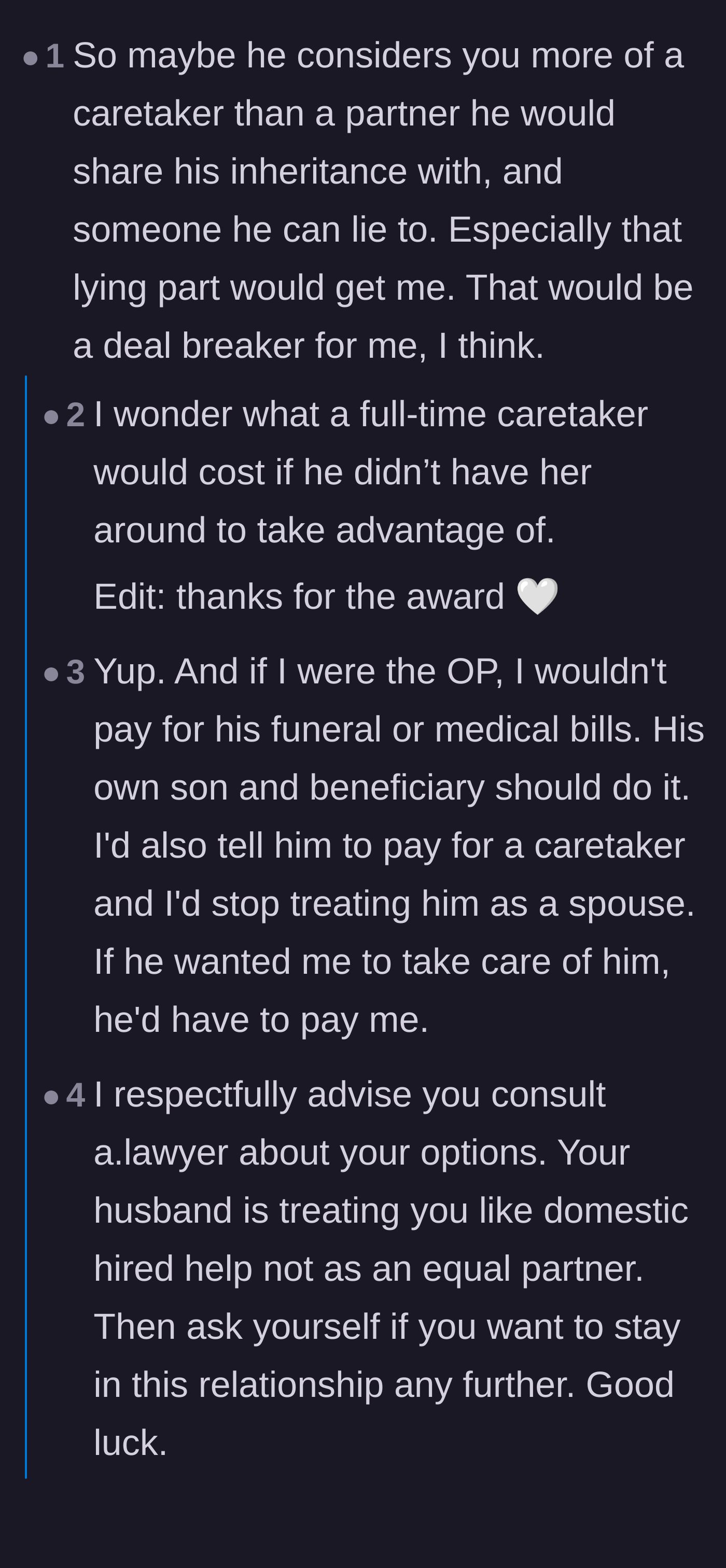 Comment thread 1 - Readers calculating the exorbitant financial value of the full-time nursing care the wife is currently providing for free.