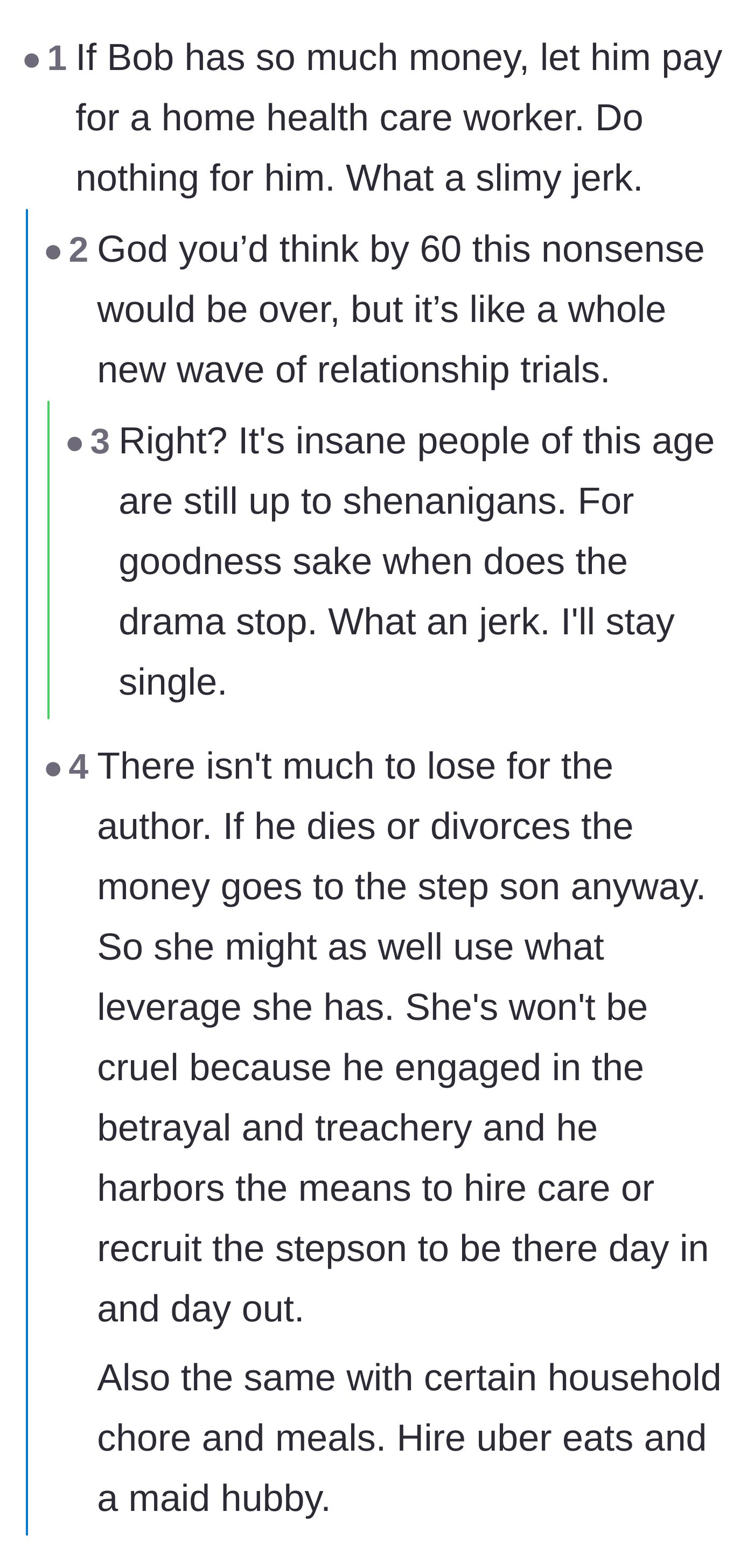 Comment thread 2 - A discussion on how relationship deception and manipulative games sadly do not disappear when couples hit retirement age.