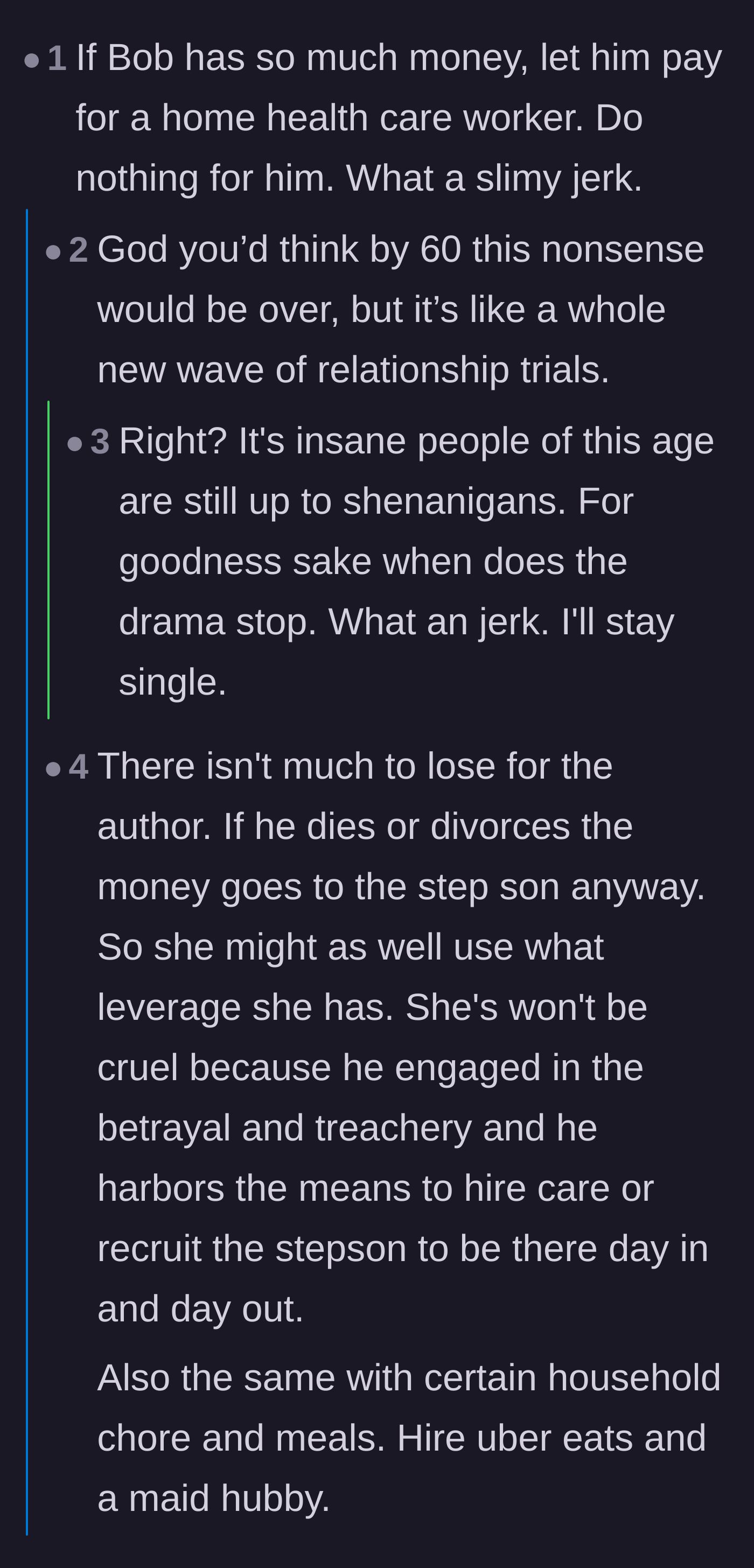 Comment thread 2 - A discussion on how relationship deception and manipulative games sadly do not disappear when couples hit retirement age.