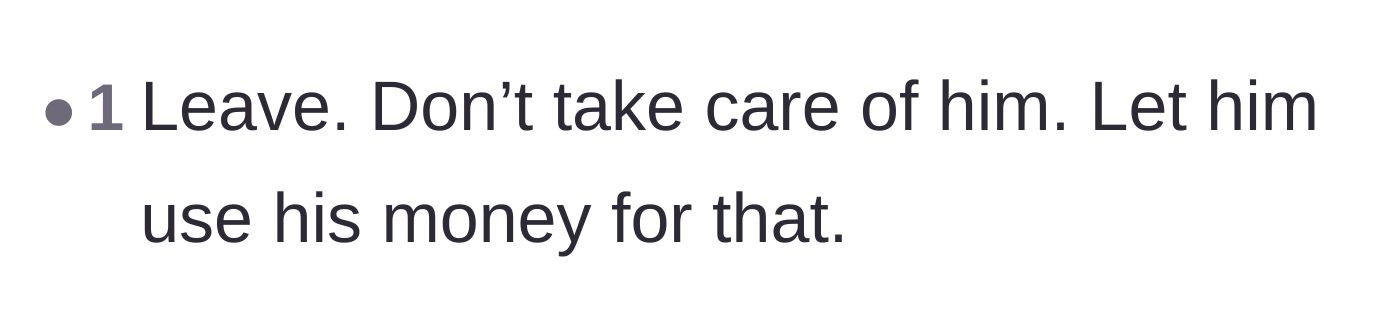 Comment thread 3 - A blunt directive from a reader telling the wife to immediately walk away and let her husband's money fund his own medical care.