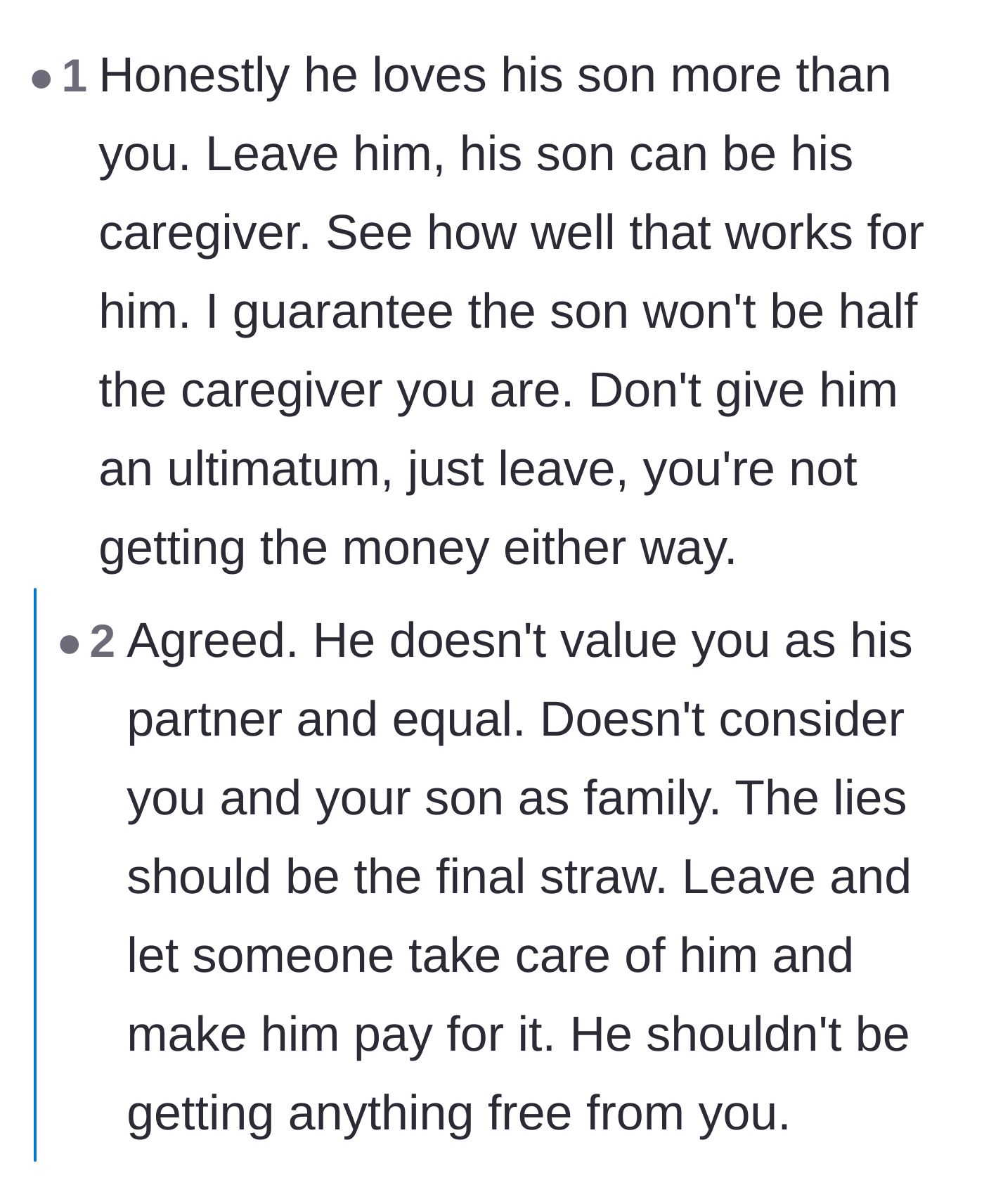 Comment thread 4 - Commenters pointing out that the husband's actions clearly show a hierarchy of affection, urging the wife to leave without issuing an ultimatum.