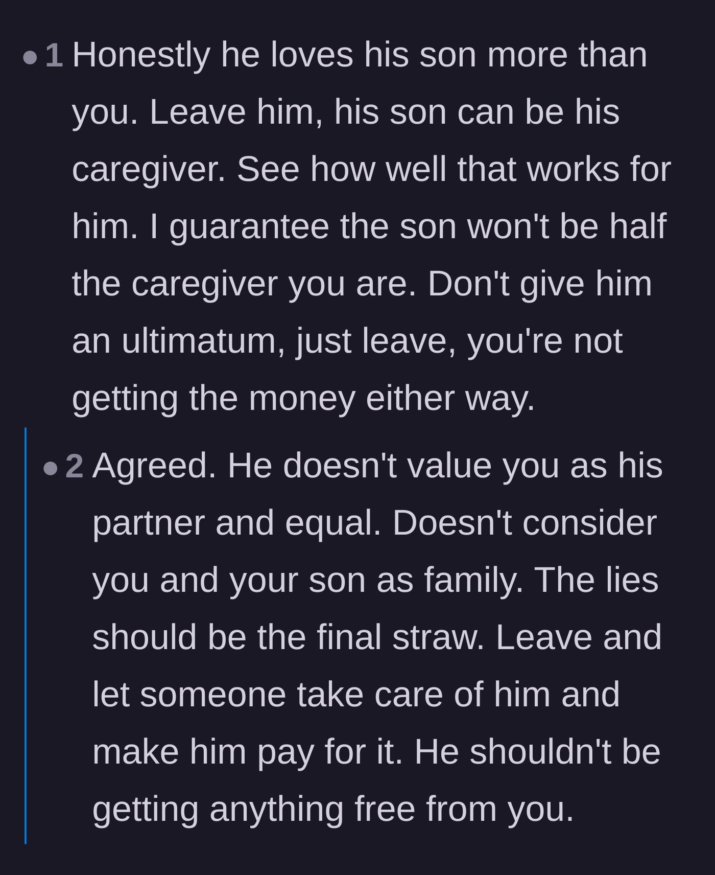 Comment thread 4 - Commenters pointing out that the husband's actions clearly show a hierarchy of affection, urging the wife to leave without issuing an ultimatum.