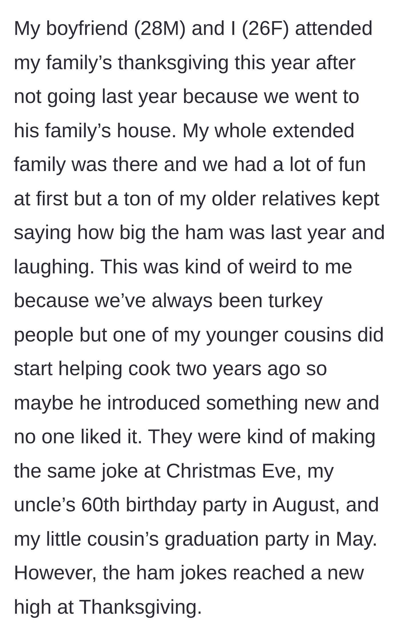 Story part 1 - A young woman at Thanksgiving dinner notices her older relatives making bizarre, repetitive jokes about a ham.