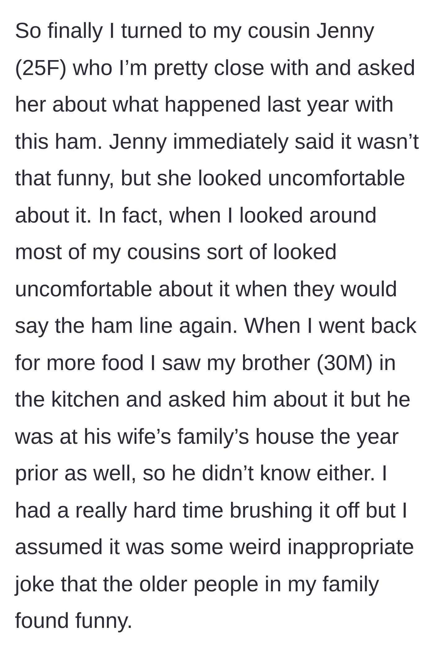 Story part 2 - The main character asks her cousin and brother about the joke, sensing immense awkwardness from her younger relatives.