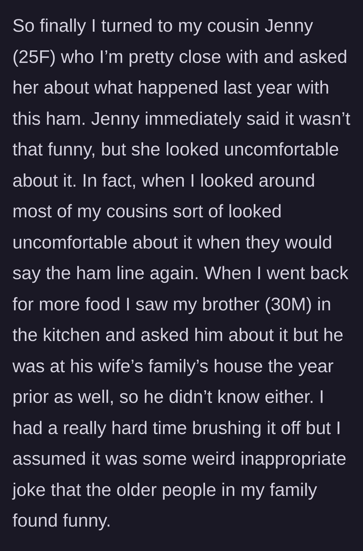 Story part 2 - The main character asks her cousin and brother about the joke, sensing immense awkwardness from her younger relatives.