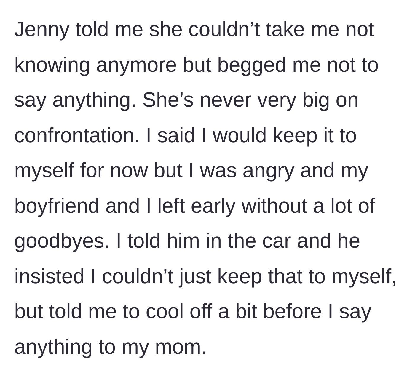Story part 5 - The main character promises to keep quiet but leaves the party early, deeply upset, while her boyfriend encourages her to speak up eventually.