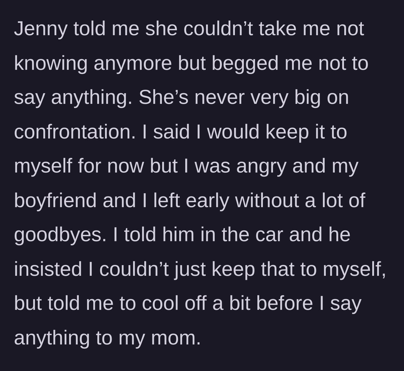 Story part 5 - The main character promises to keep quiet but leaves the party early, deeply upset, while her boyfriend encourages her to speak up eventually.