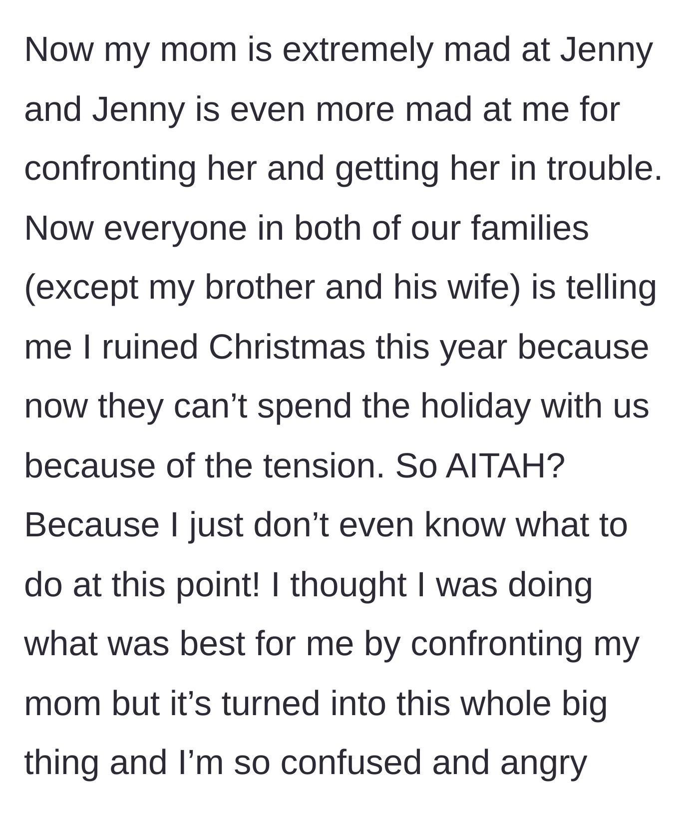 Story part 9 - The family blames the main character for the tension, leaving her isolated, confused, and accused of ruining the upcoming holidays.